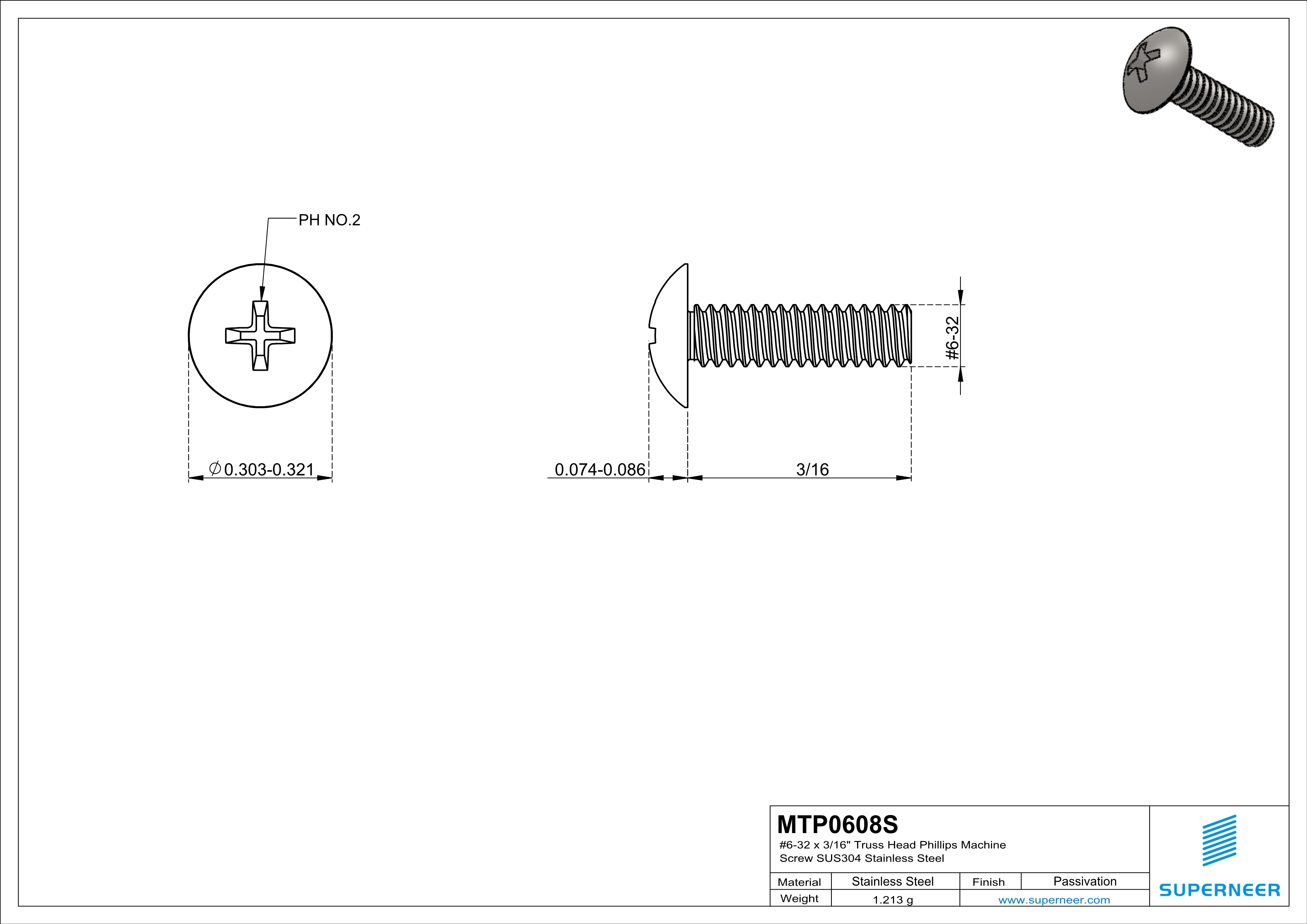 6-32 x 1/2" Truss Head Phillips Machine Screw SUS304 Stainless Steel Inox