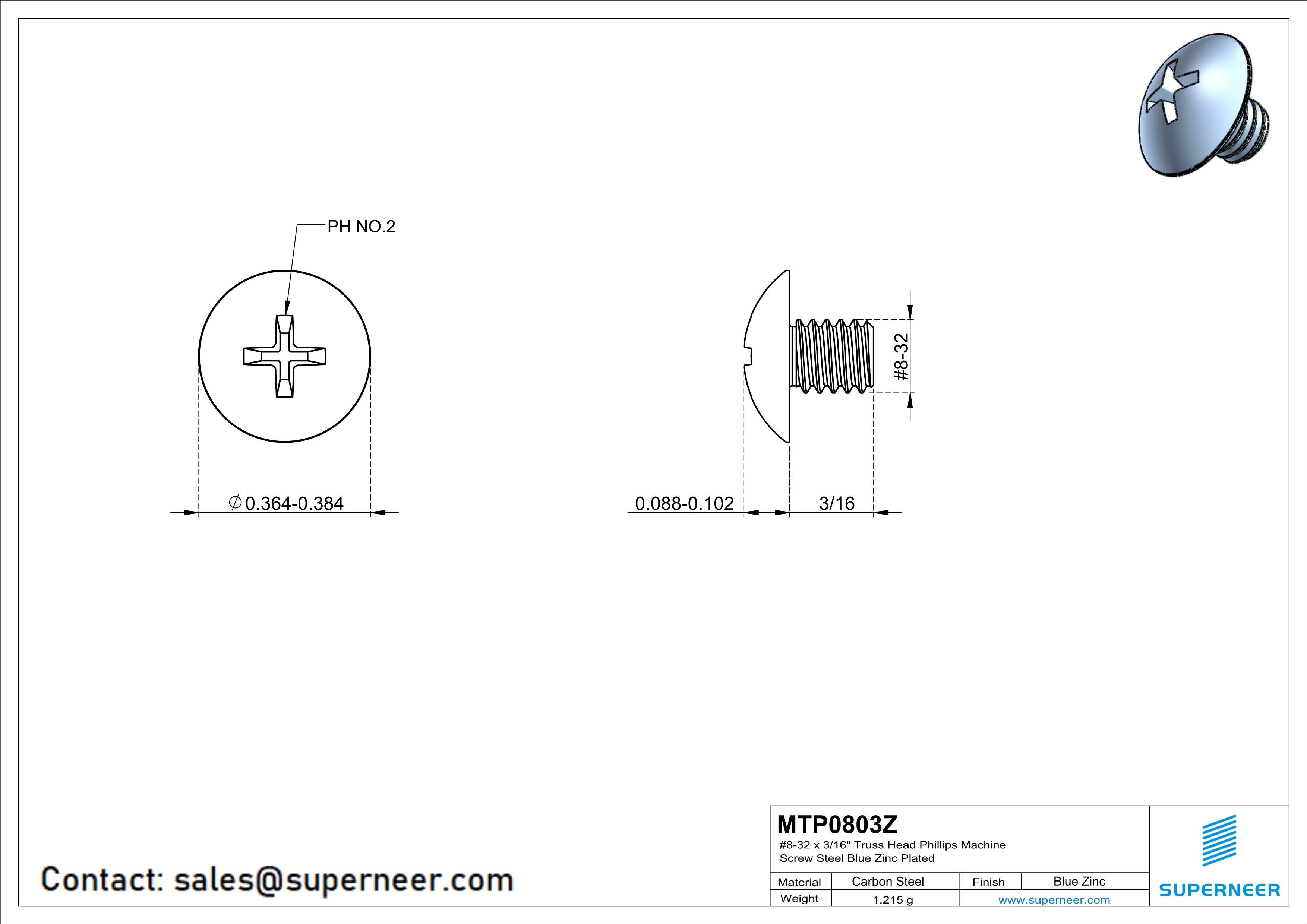 8-32 x 3/16" Truss Head Phillips Machine Screw Steel Blue Zinc Plated