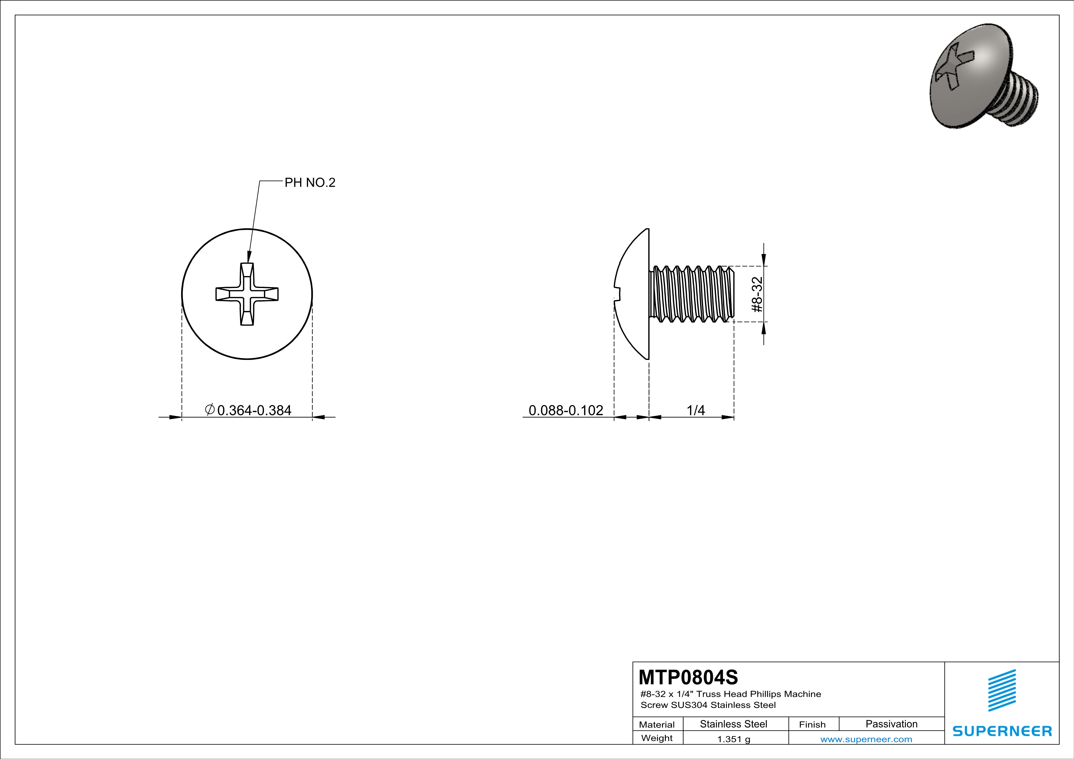 8-32 x 1/4" Truss Head Phillips Machine Screw SUS304 Stainless Steel Inox