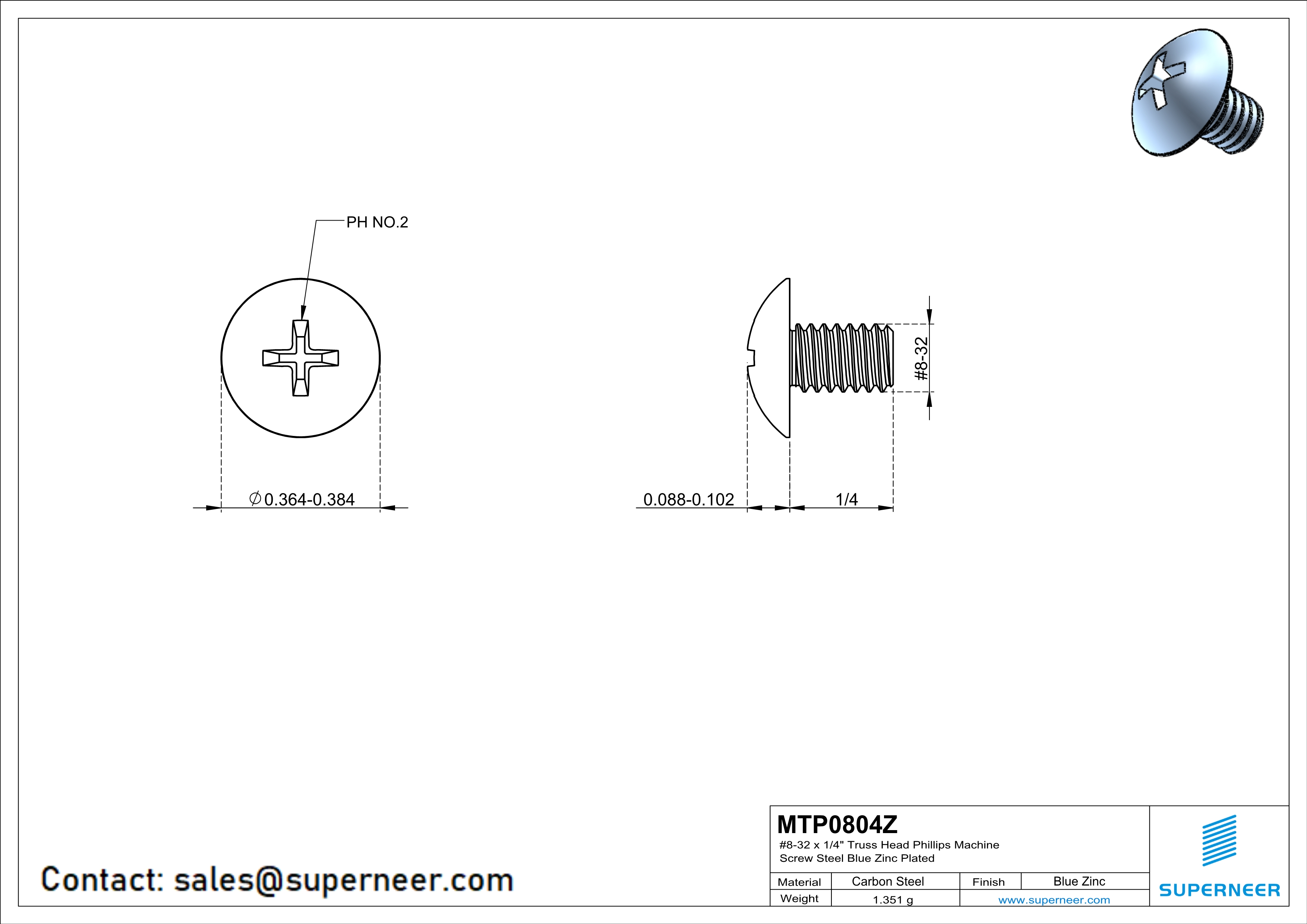 8-32 x 1/4" Truss Head Phillips Machine Screw Steel Blue Zinc Plated