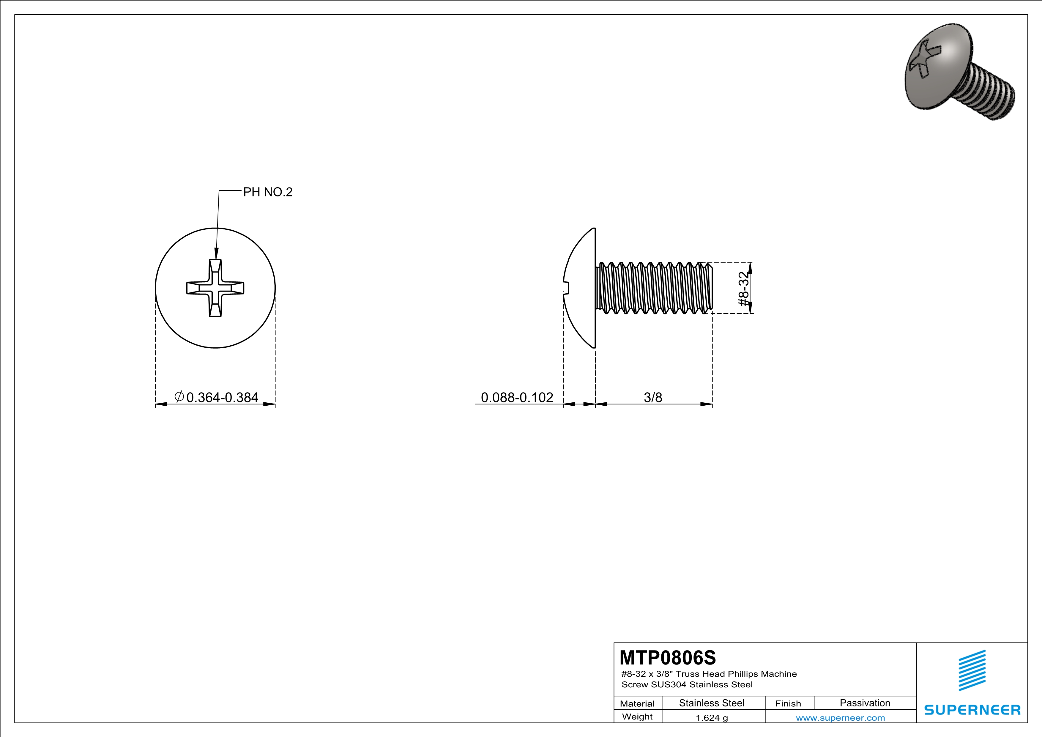 8-32 x 3/8" Truss Head Phillips Machine Screw SUS304 Stainless Steel Inox