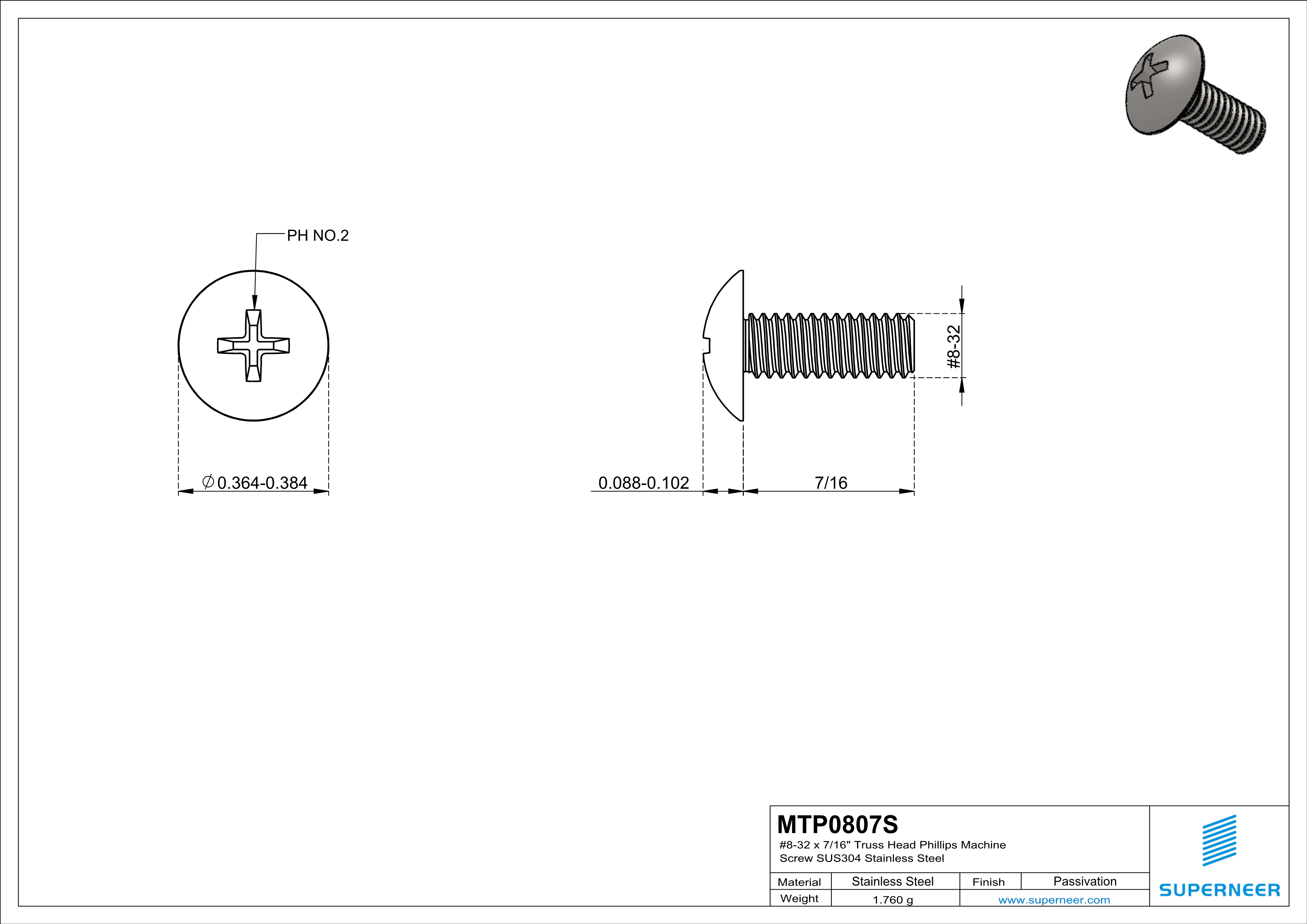 8-32 x 7/16" Truss Head Phillips Machine Screw SUS304 Stainless Steel Inox