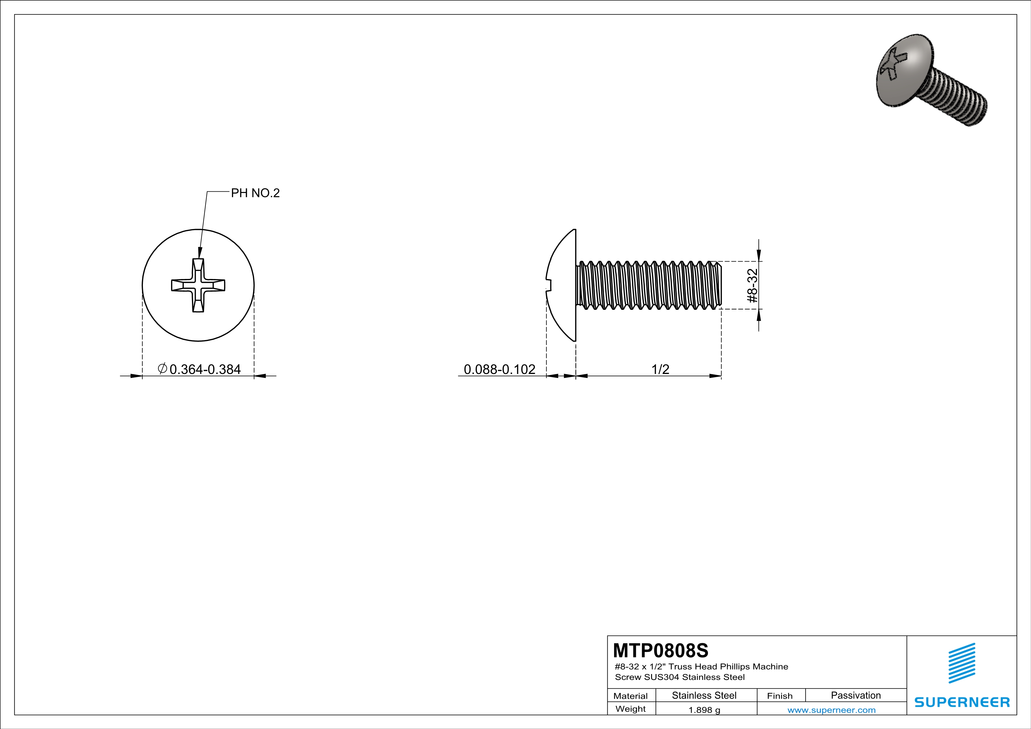 8-32 x 1/2" Truss Head Phillips Machine Screw SUS304 Stainless Steel Inox