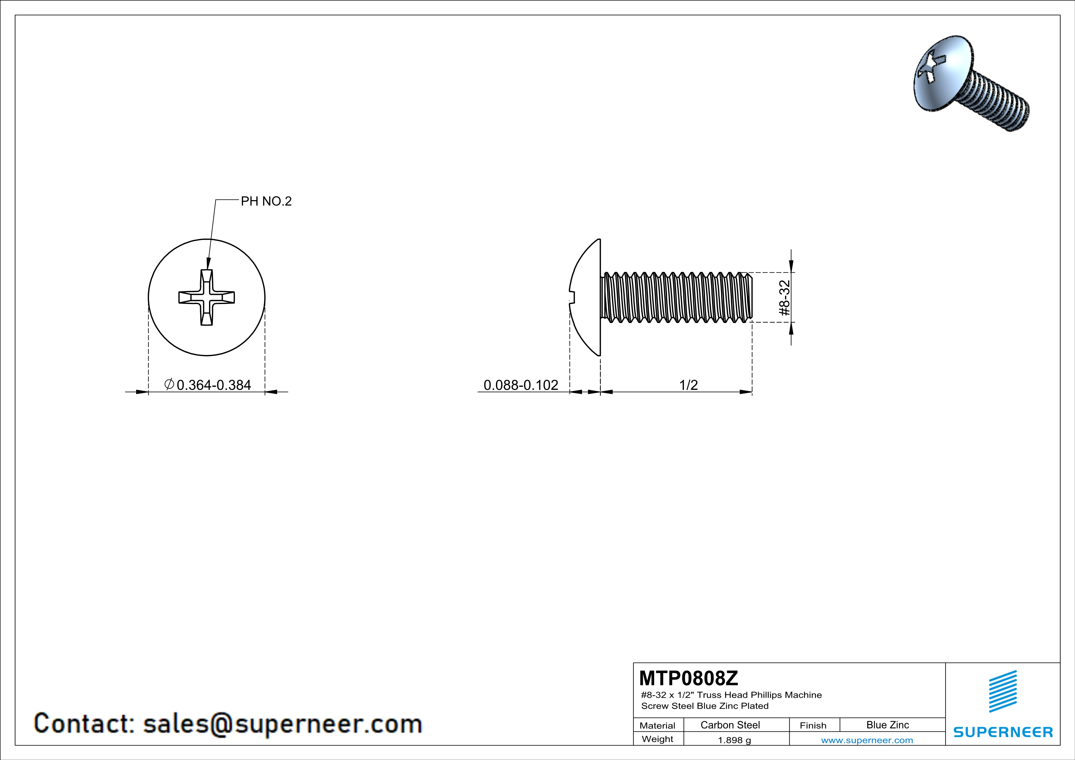 8-32 x 1/2" Truss Head Phillips Machine Screw Steel Blue Zinc Plated