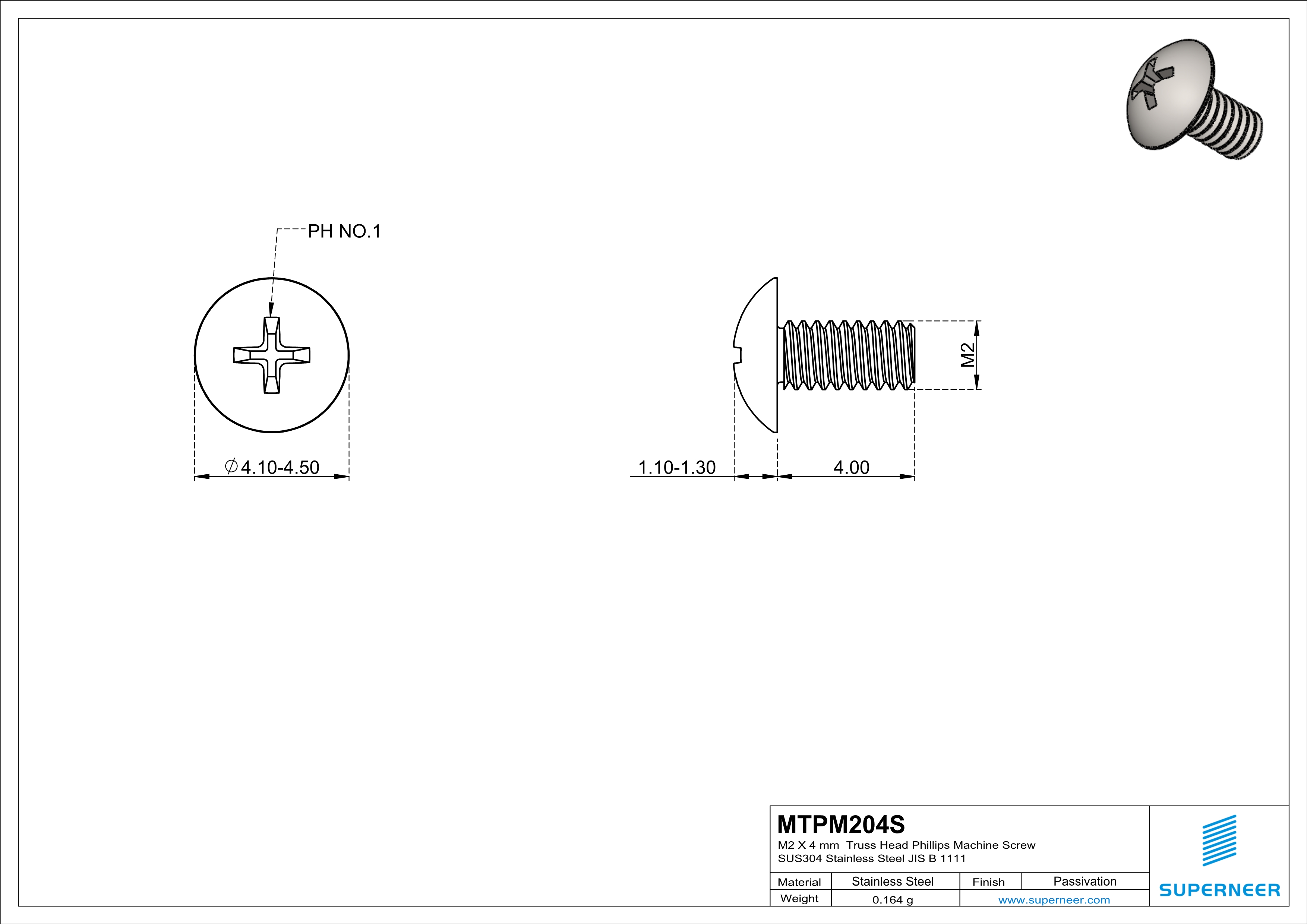 M2 x 4 mm  Truss Head Phillips Machine Screw SUS304 Stainless Steel Inox JIS B 1111