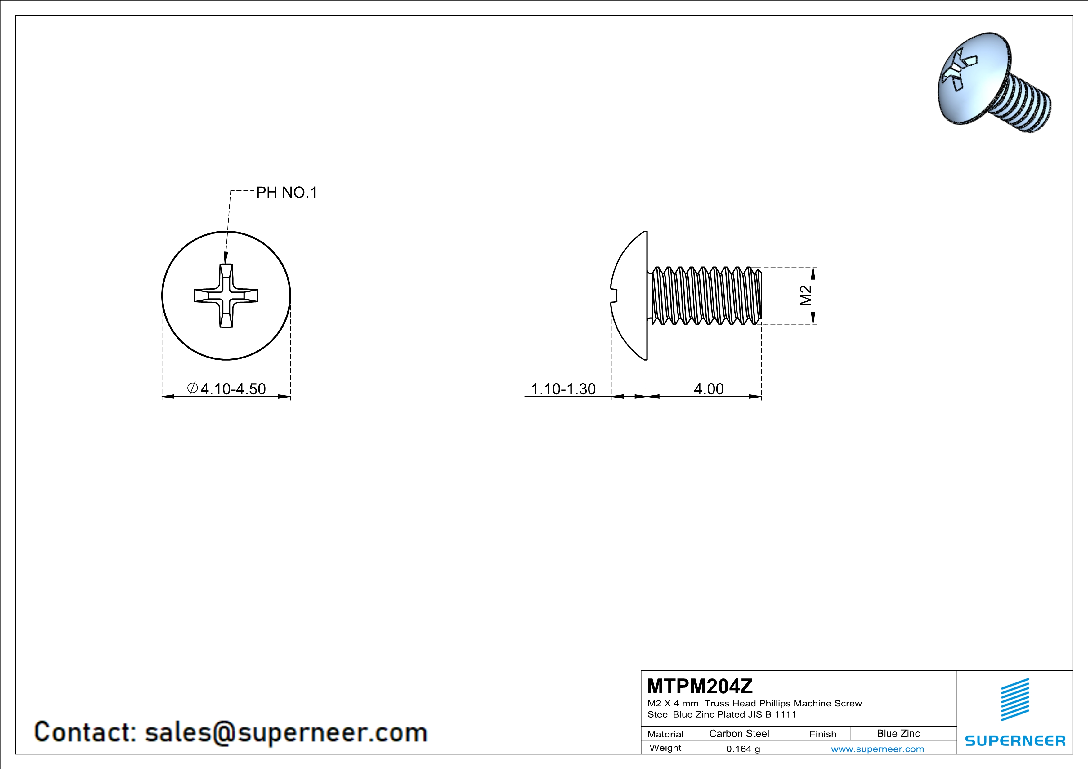 M2 x 4 mm Truss Head Phillips Machine Screw Steel Blue Zinc Plated JIS B 1111