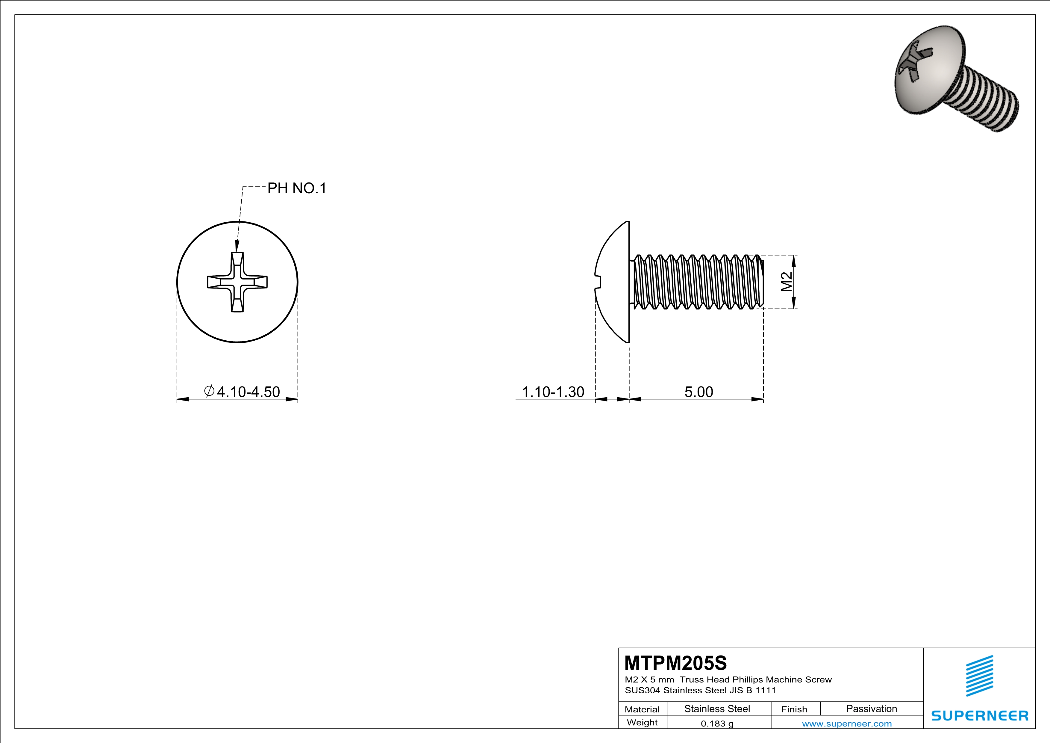 M2 x 5 mm  Truss Head Phillips Machine Screw SUS304 Stainless Steel Inox JIS B 1111