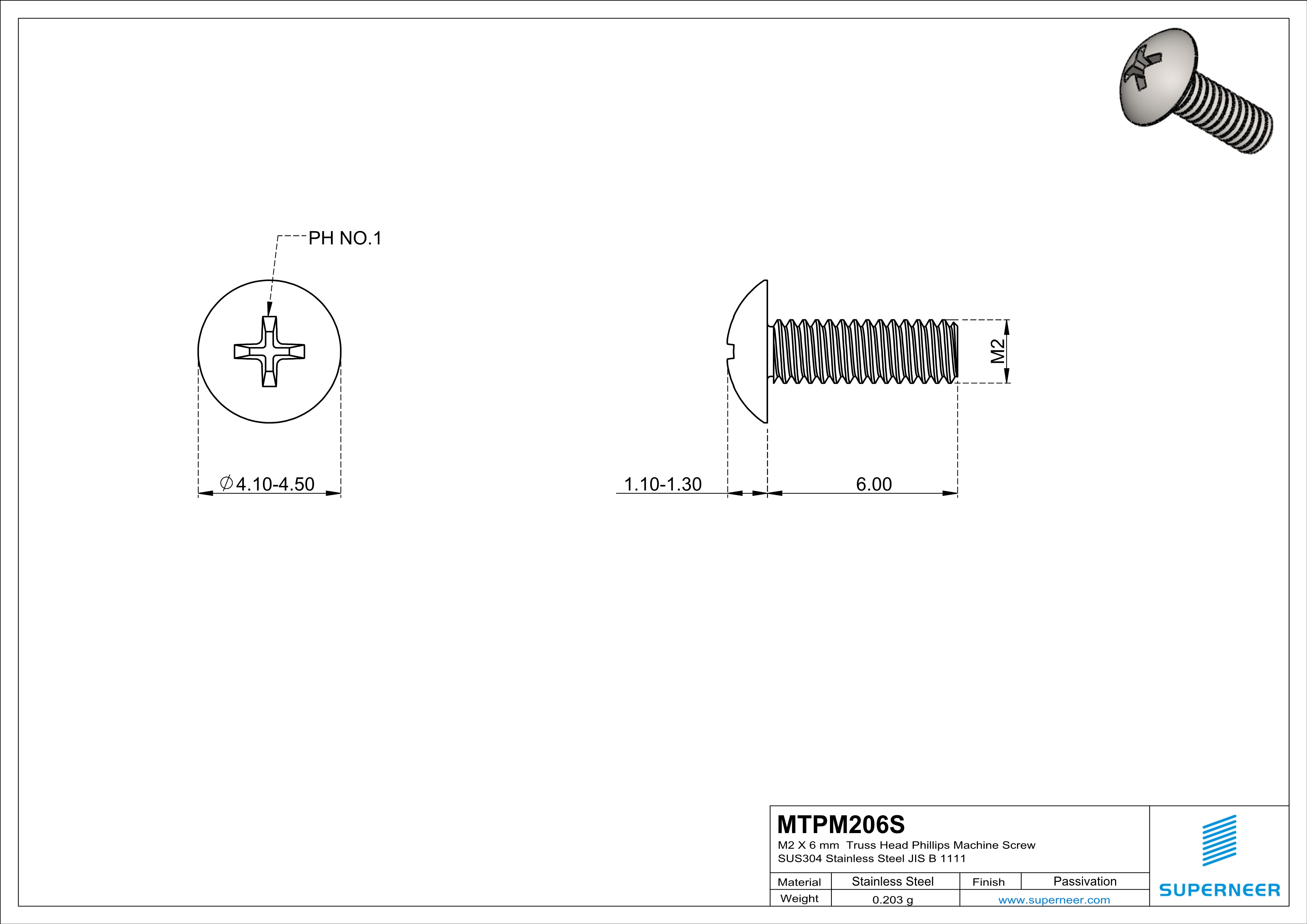 M2 x 6 mm  Truss Head Phillips Machine Screw SUS304 Stainless Steel Inox JIS B 1111