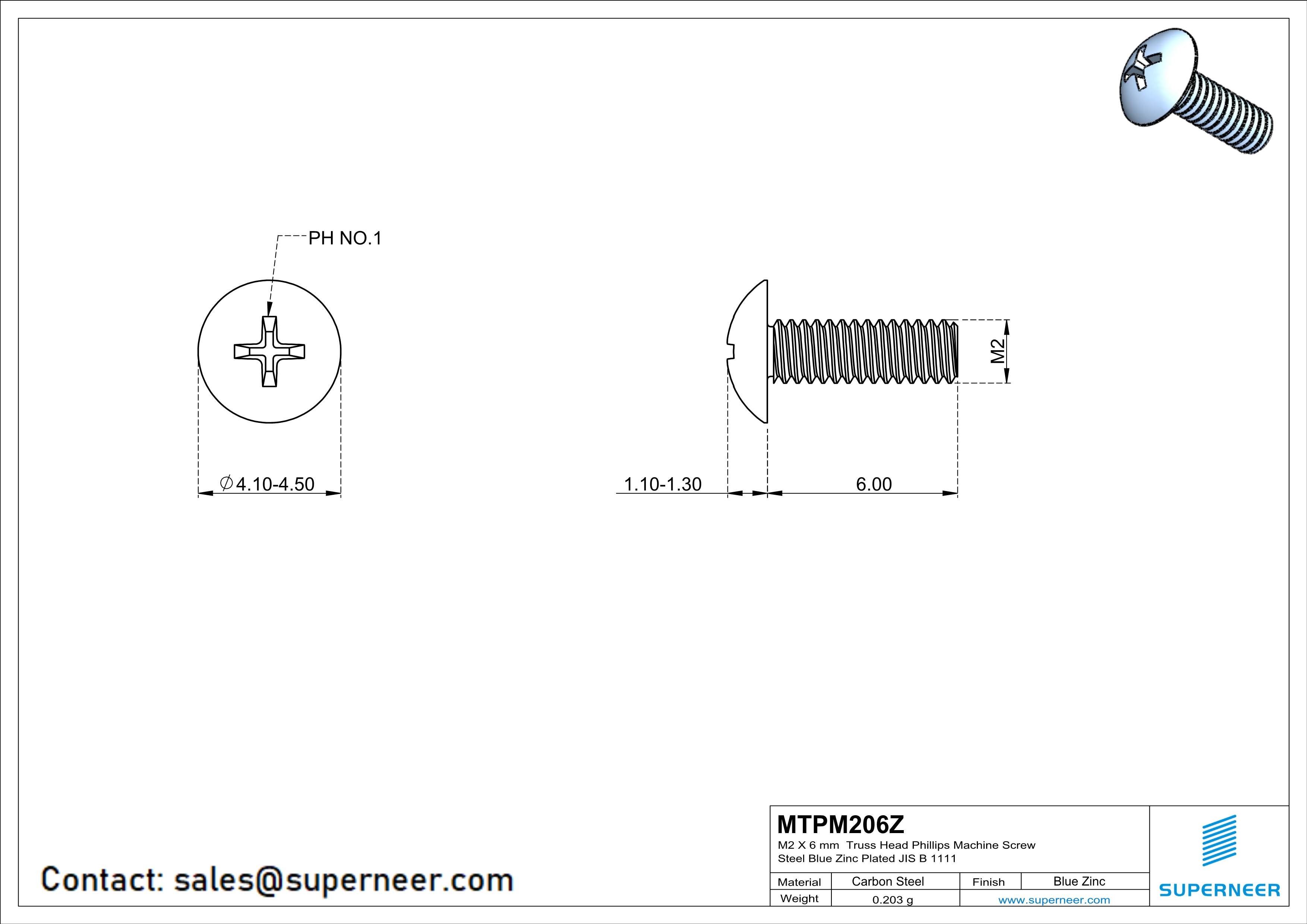 M2 x 6 mm Truss Head Phillips Machine Screw Steel Blue Zinc Plated JIS B 1111