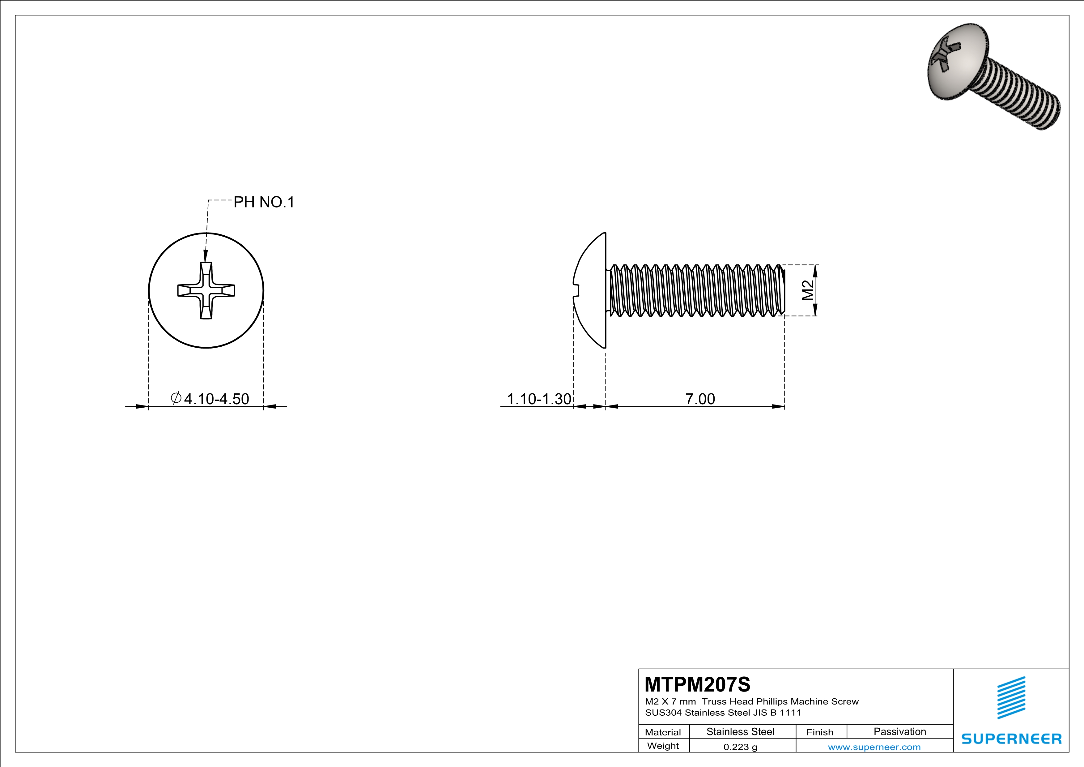 M2 x 7 mm  Truss Head Phillips Machine Screw SUS304 Stainless Steel Inox JIS B 1111