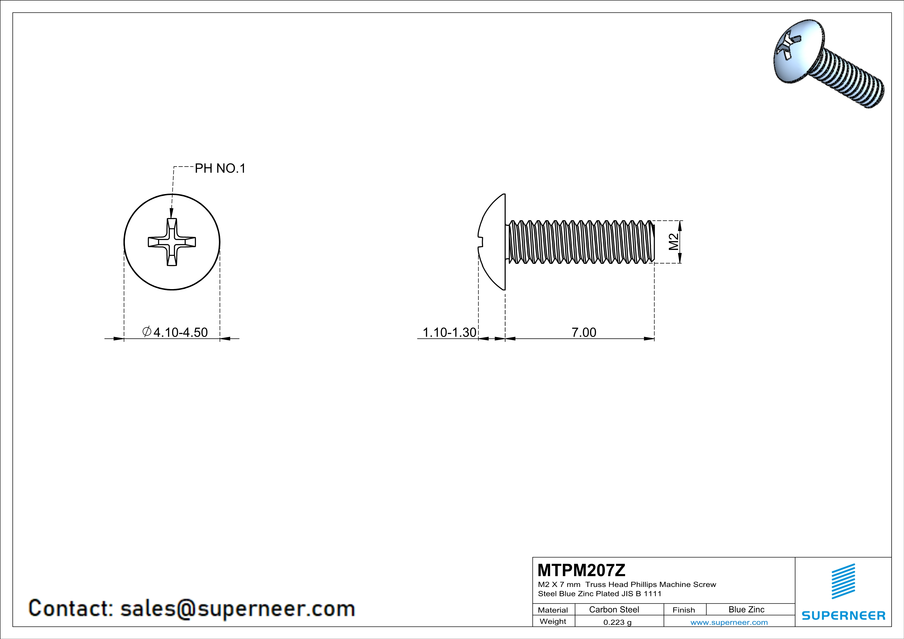 M2 x 7 mm Truss Head Phillips Machine Screw Steel Blue Zinc Plated JIS B 1111