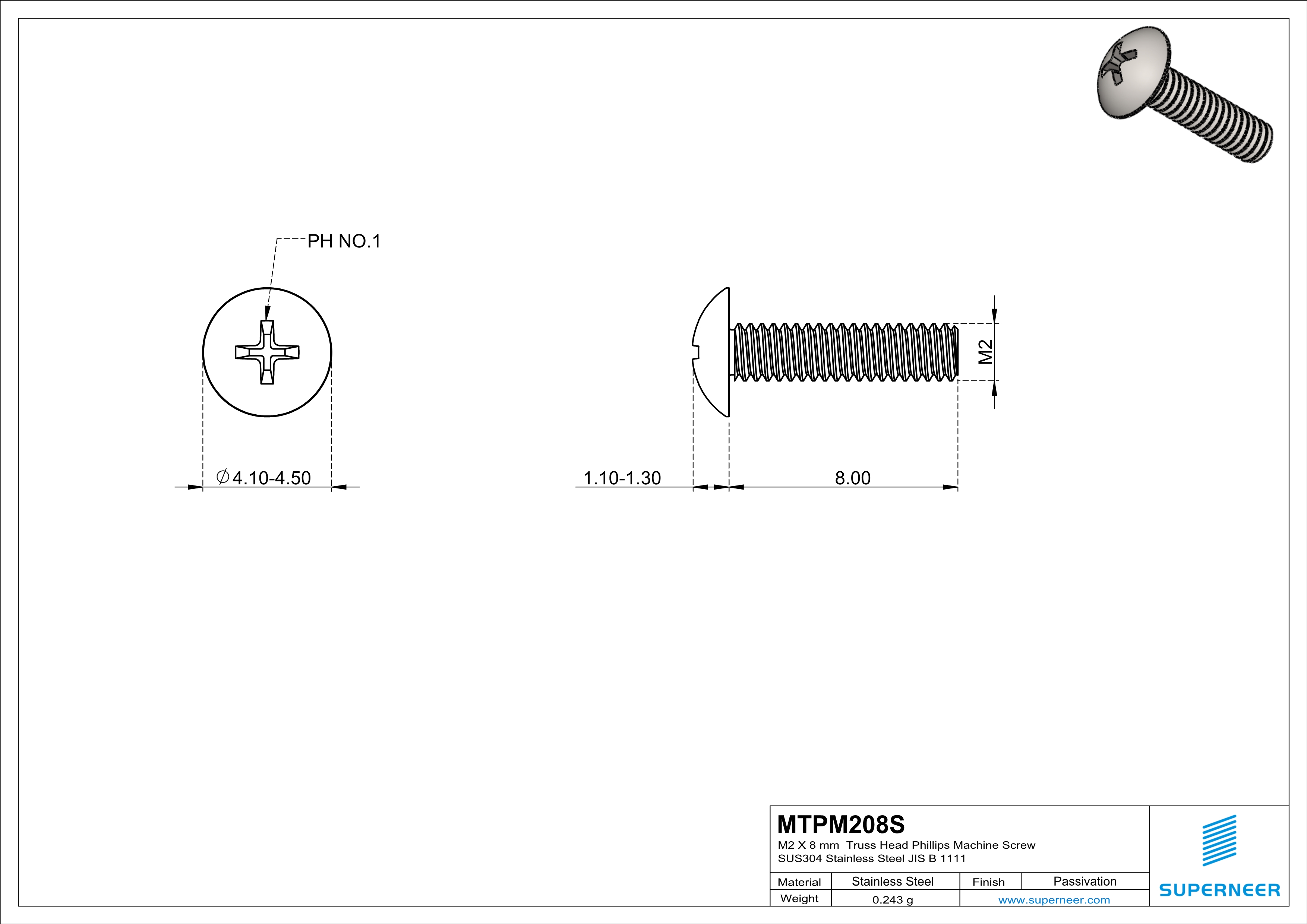 M2 x 8 mm  Truss Head Phillips Machine Screw SUS304 Stainless Steel Inox JIS B 1111