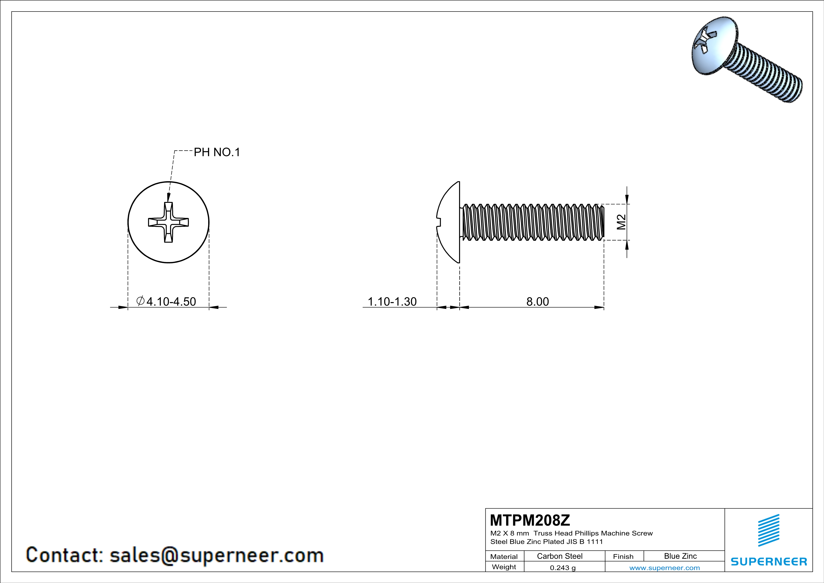 M2 x 8 mm Truss Head Phillips Machine Screw Steel Blue Zinc Plated JIS B 1111