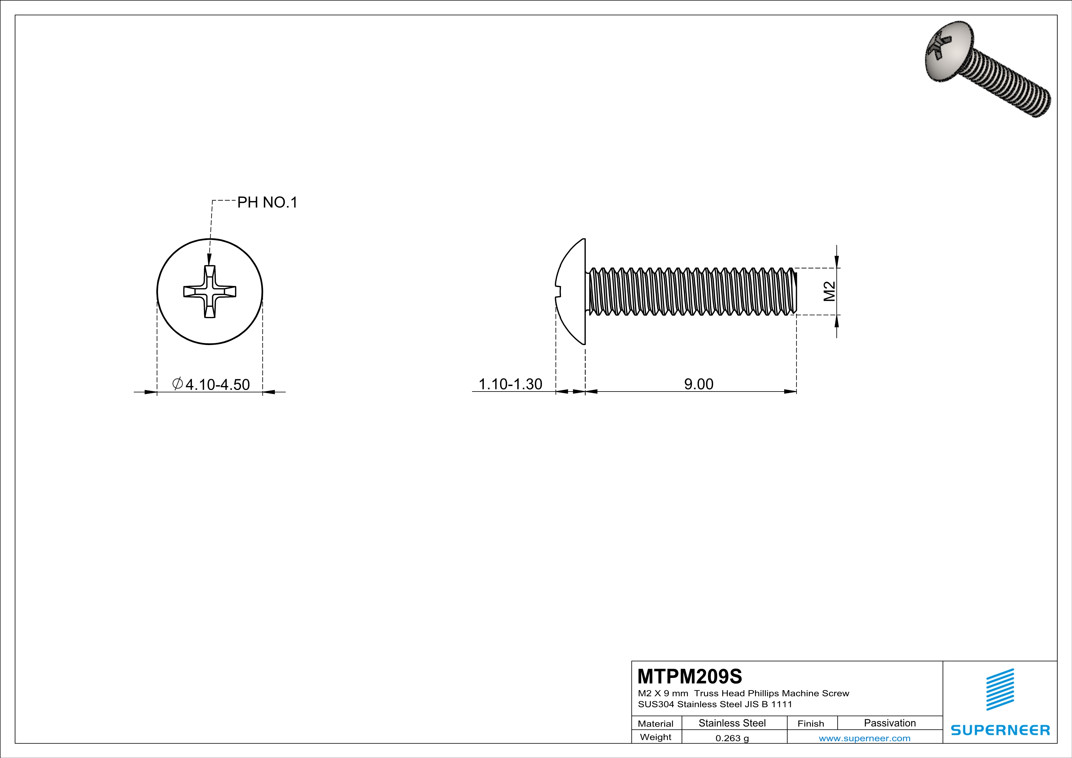 M2 x 9 mm  Truss Head Phillips Machine Screw SUS304 Stainless Steel Inox JIS B 1111