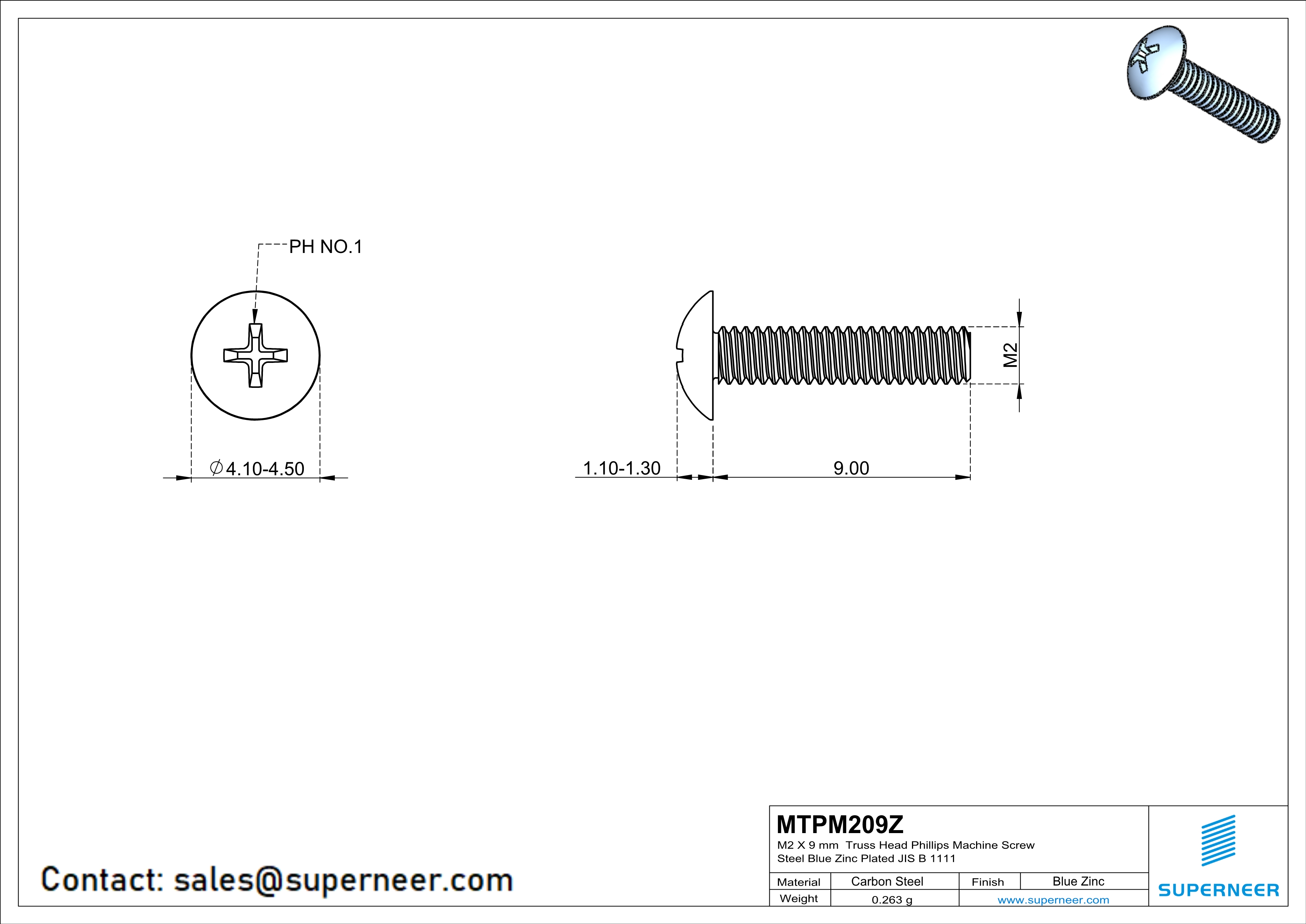 M2 x 9 mm Truss Head Phillips Machine Screw Steel Blue Zinc Plated JIS B 1111