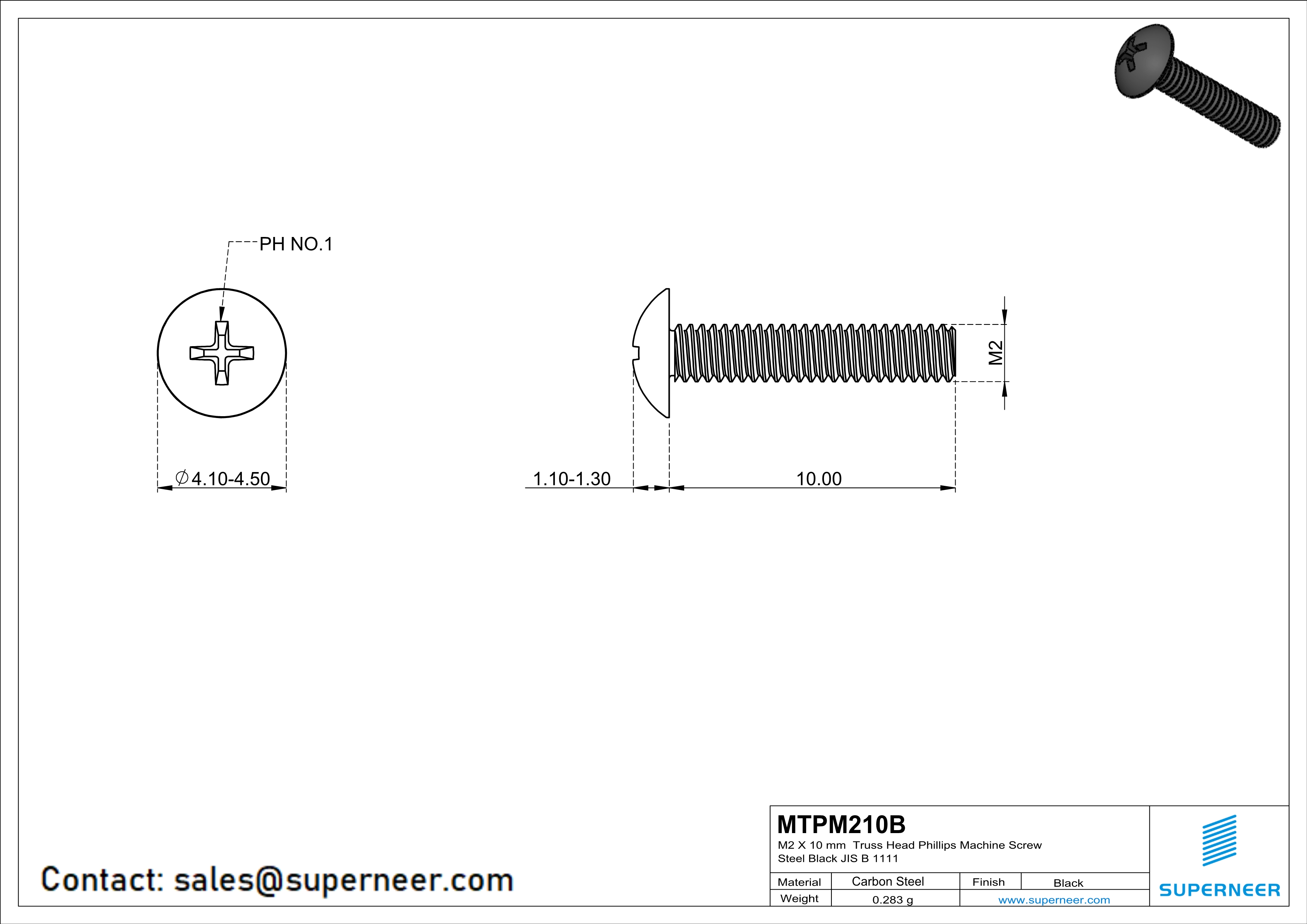 M2 x 10 mm Truss Head Phillips Machine Screw Steel Black JIS B 1111