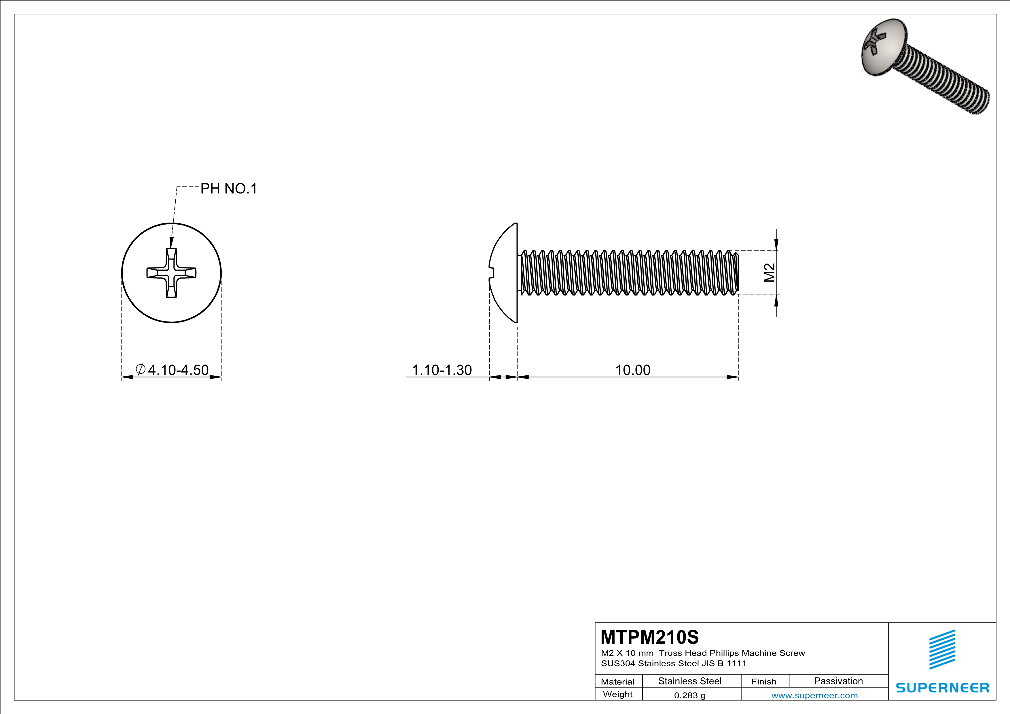 M2 x 10 mm  Truss Head Phillips Machine Screw SUS304 Stainless Steel Inox JIS B 1111