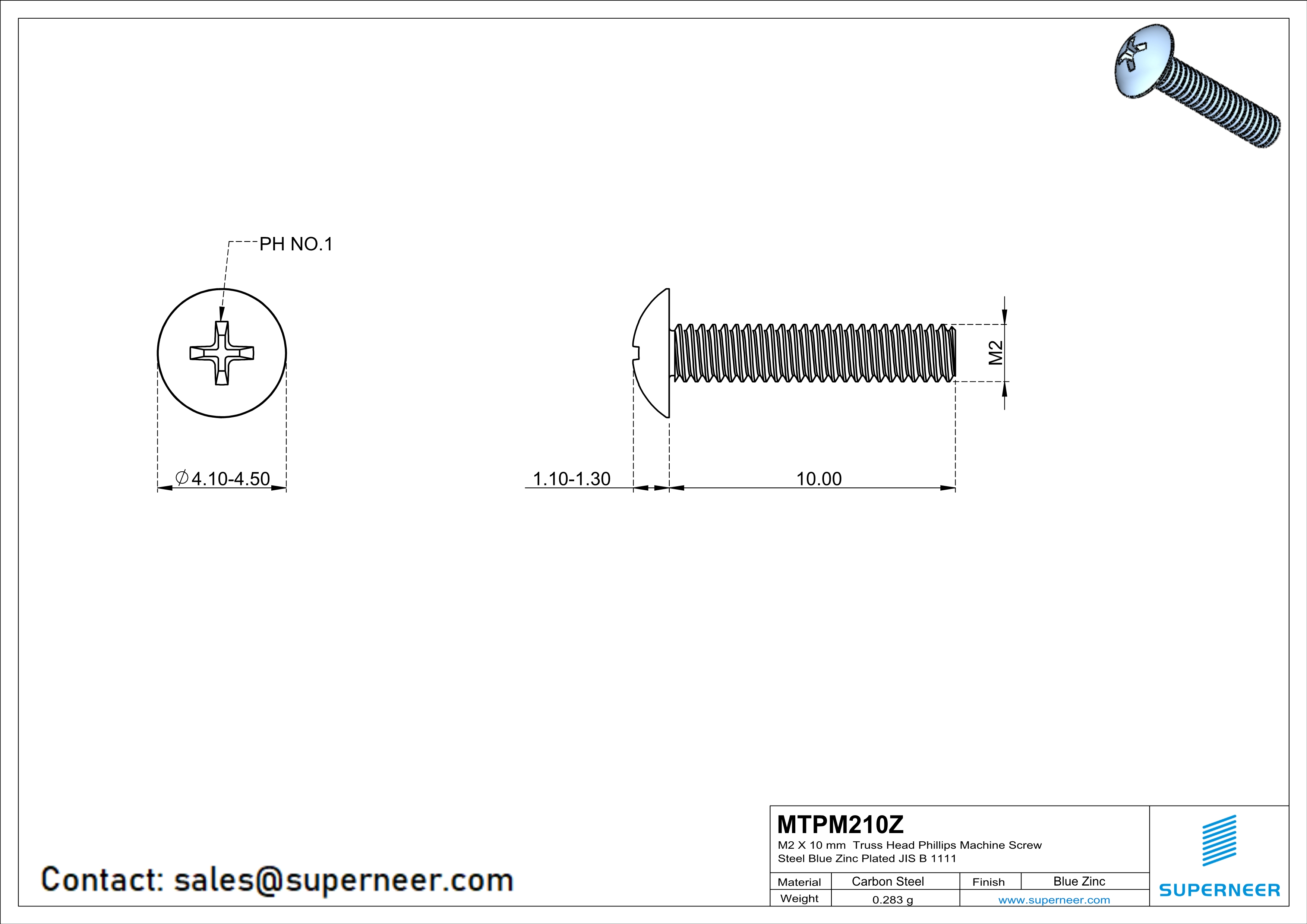 M2 x 10 mm Truss Head Phillips Machine Screw Steel Blue Zinc Plated JIS B 1111