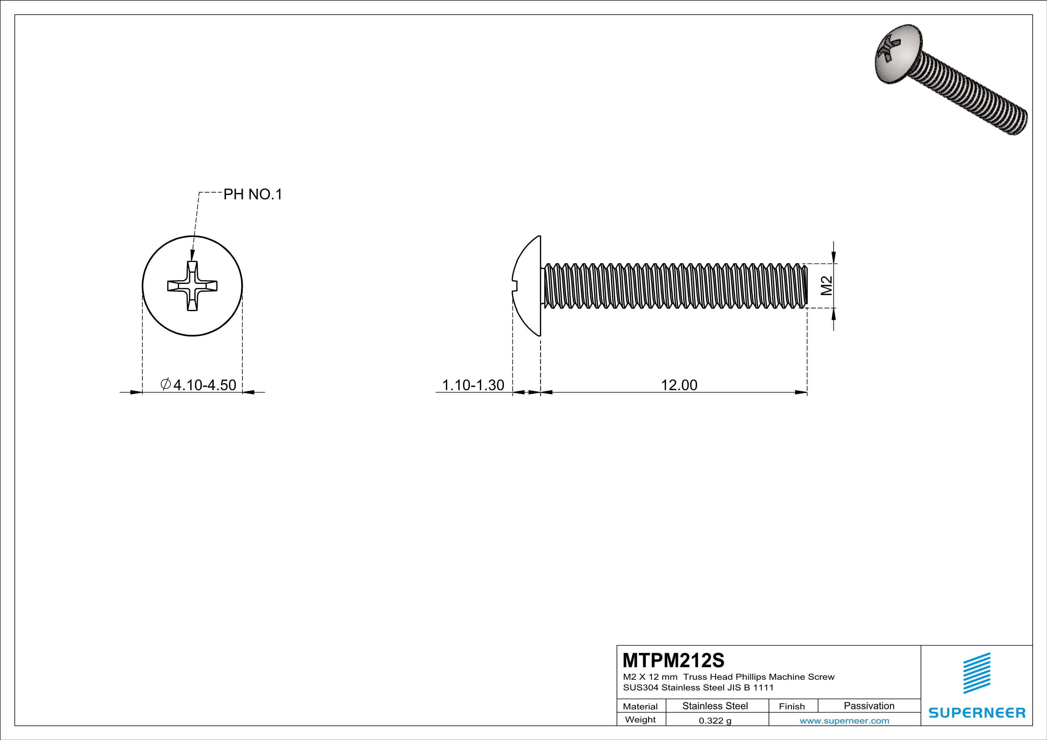 M2 x 12 mm  Truss Head Phillips Machine Screw SUS304 Stainless Steel Inox JIS B 1111