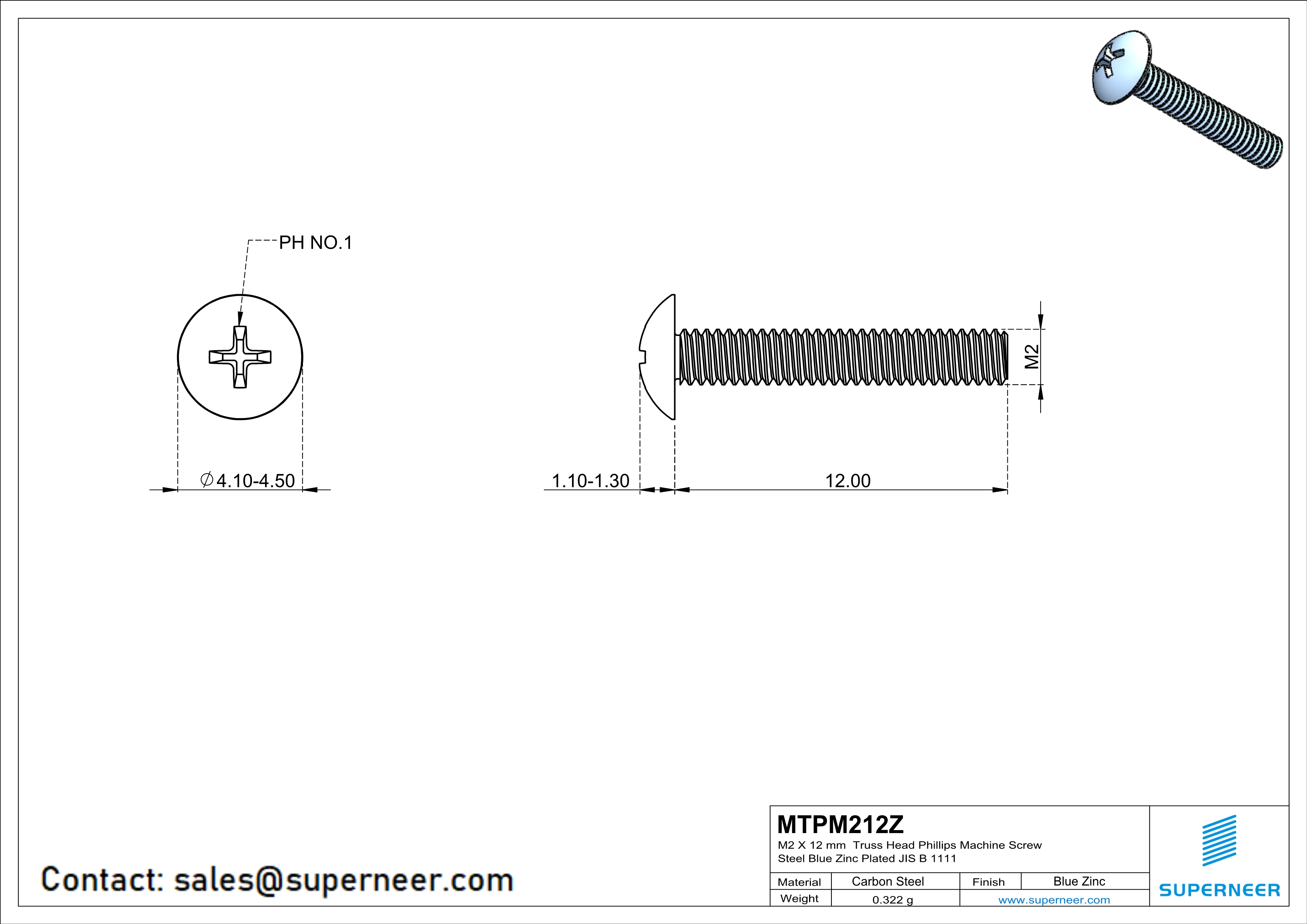 M2 x 12 mm Truss Head Phillips Machine Screw Steel Blue Zinc Plated JIS B 1111