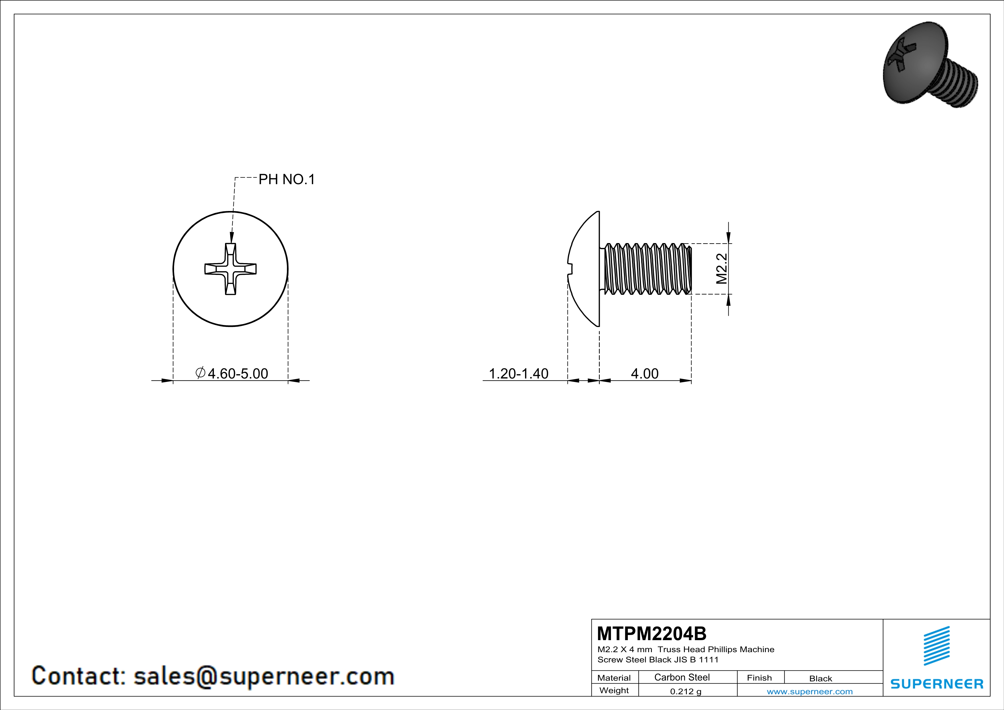 M2.2 x 4 mm Truss Head Phillips Machine Screw Steel Black JIS B 1111