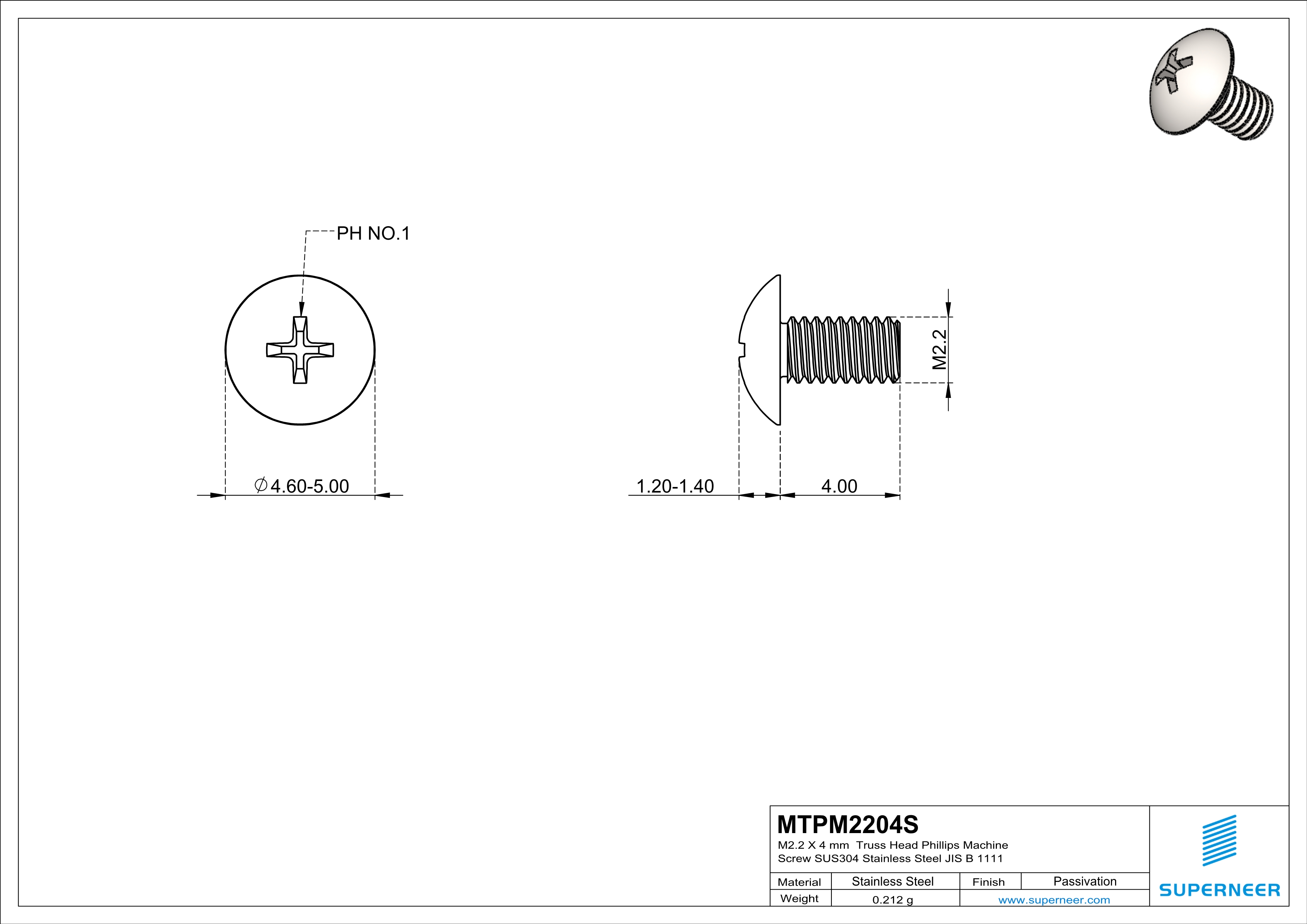 M2.2 x 4 mm  Truss Head Phillips Machine Screw SUS304 Stainless Steel Inox JIS B 1111