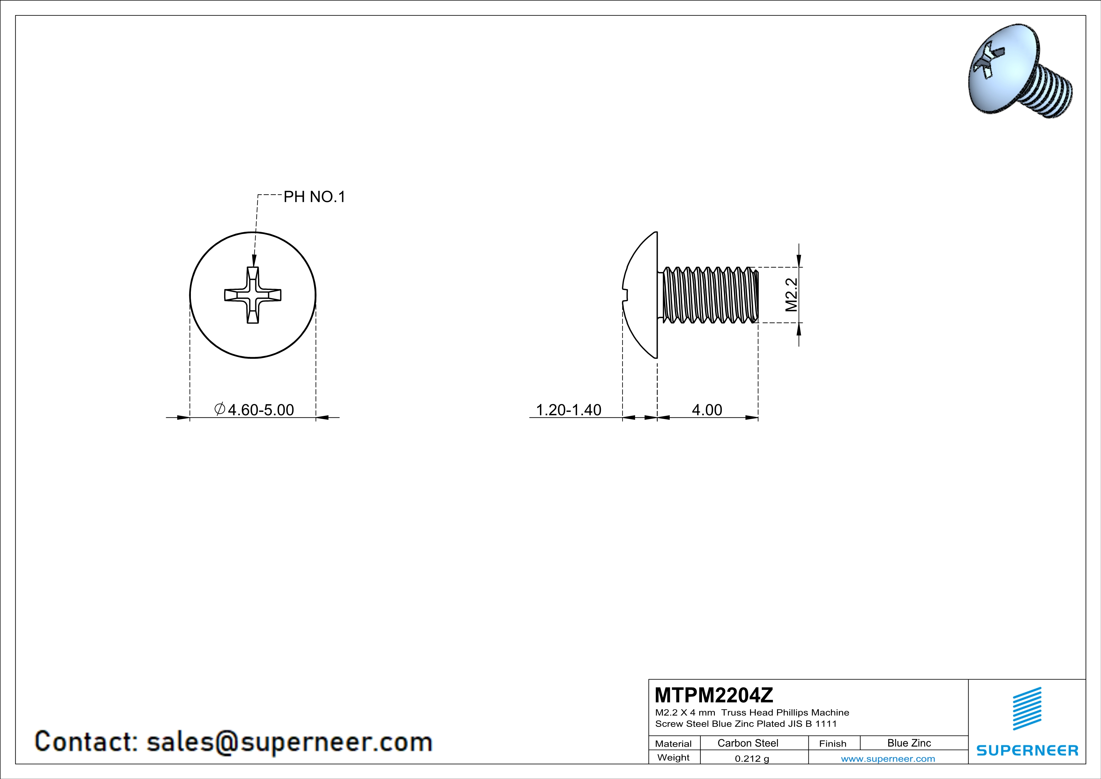 M2.2 x 4 mm Truss Head Phillips Machine Screw Steel Blue Zinc Plated JIS B 1111