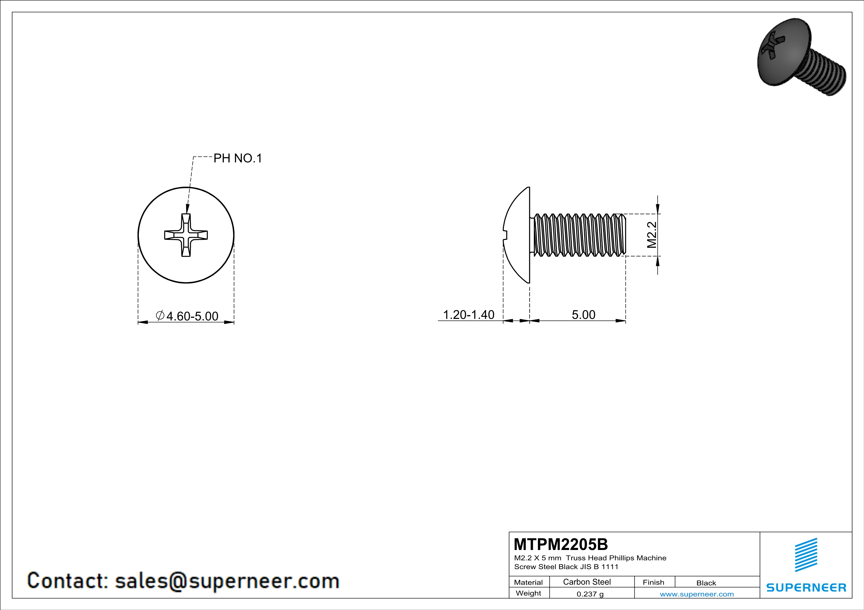 M2.2 x 5 mm Truss Head Phillips Machine Screw Steel Black JIS B 1111