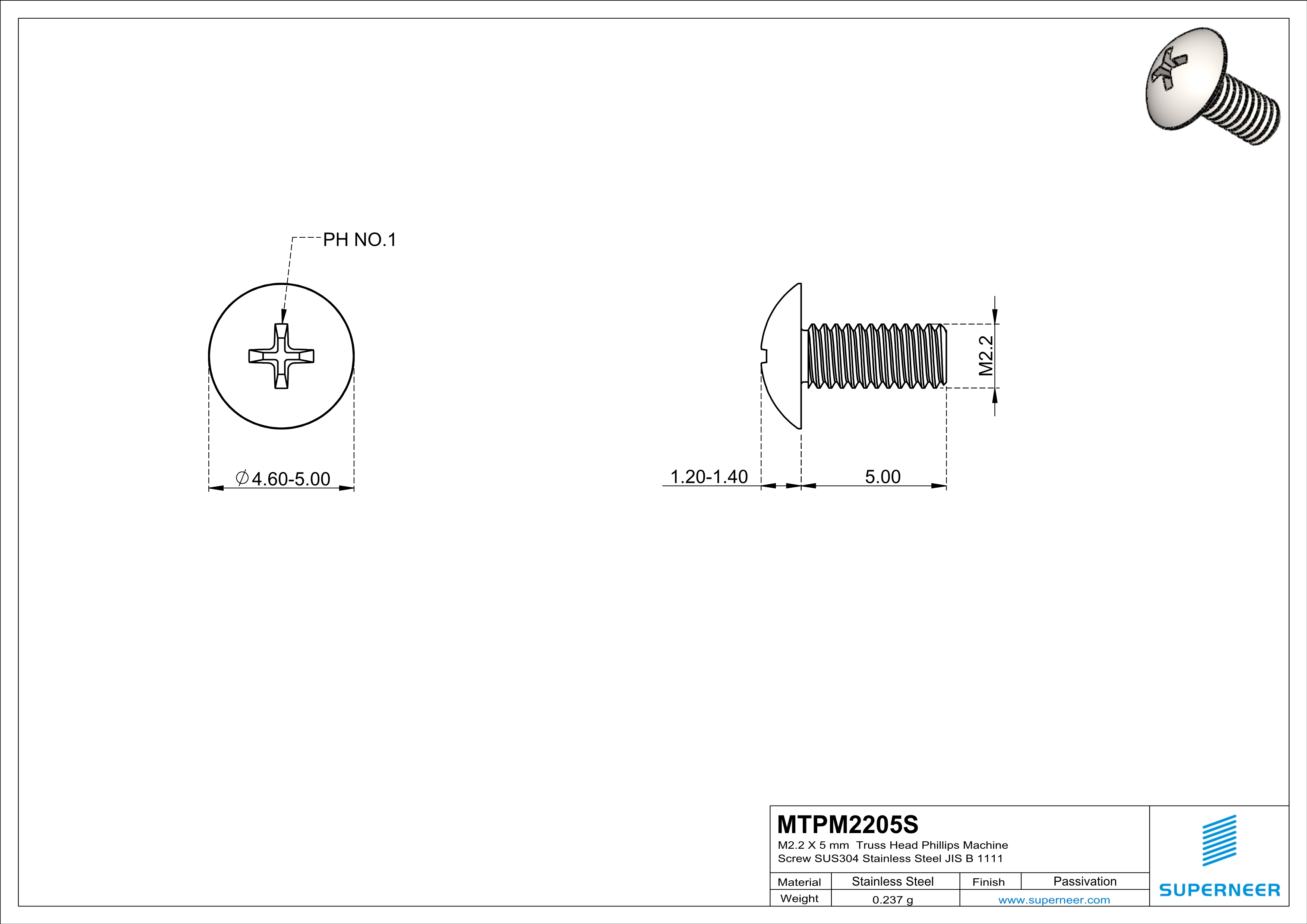 M2.2 x 5 mm  Truss Head Phillips Machine Screw SUS304 Stainless Steel Inox JIS B 1111