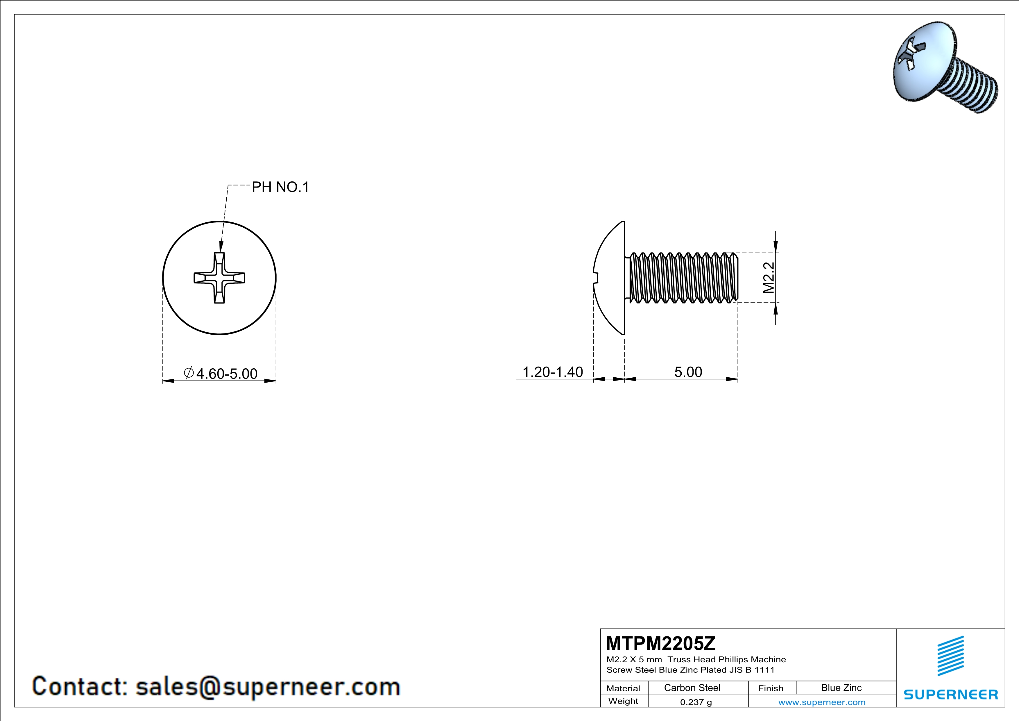 M2.2 x 5 mm Truss Head Phillips Machine Screw Steel Blue Zinc Plated JIS B 1111