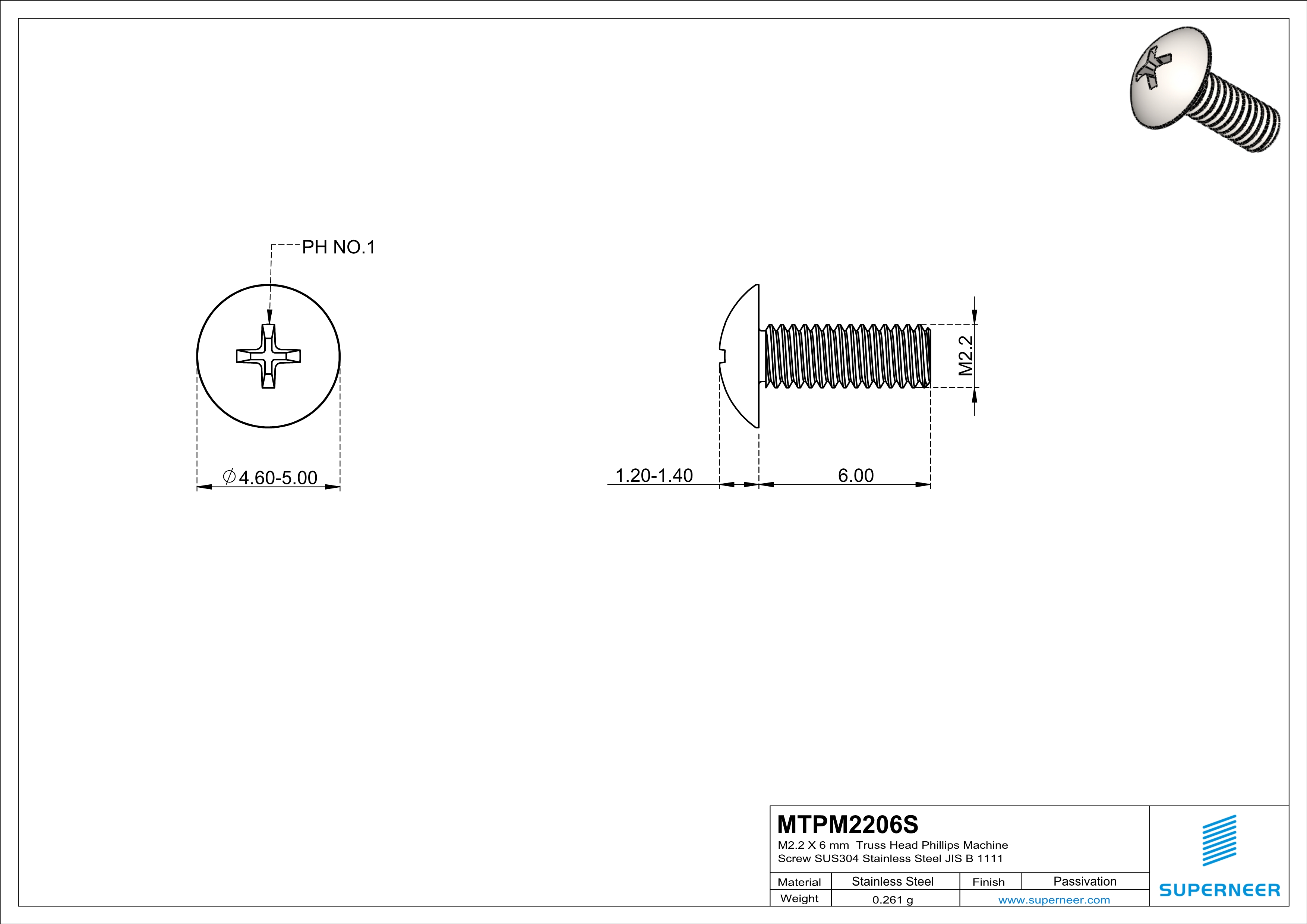 M2.2 x 6 mm  Truss Head Phillips Machine Screw SUS304 Stainless Steel Inox JIS B 1111