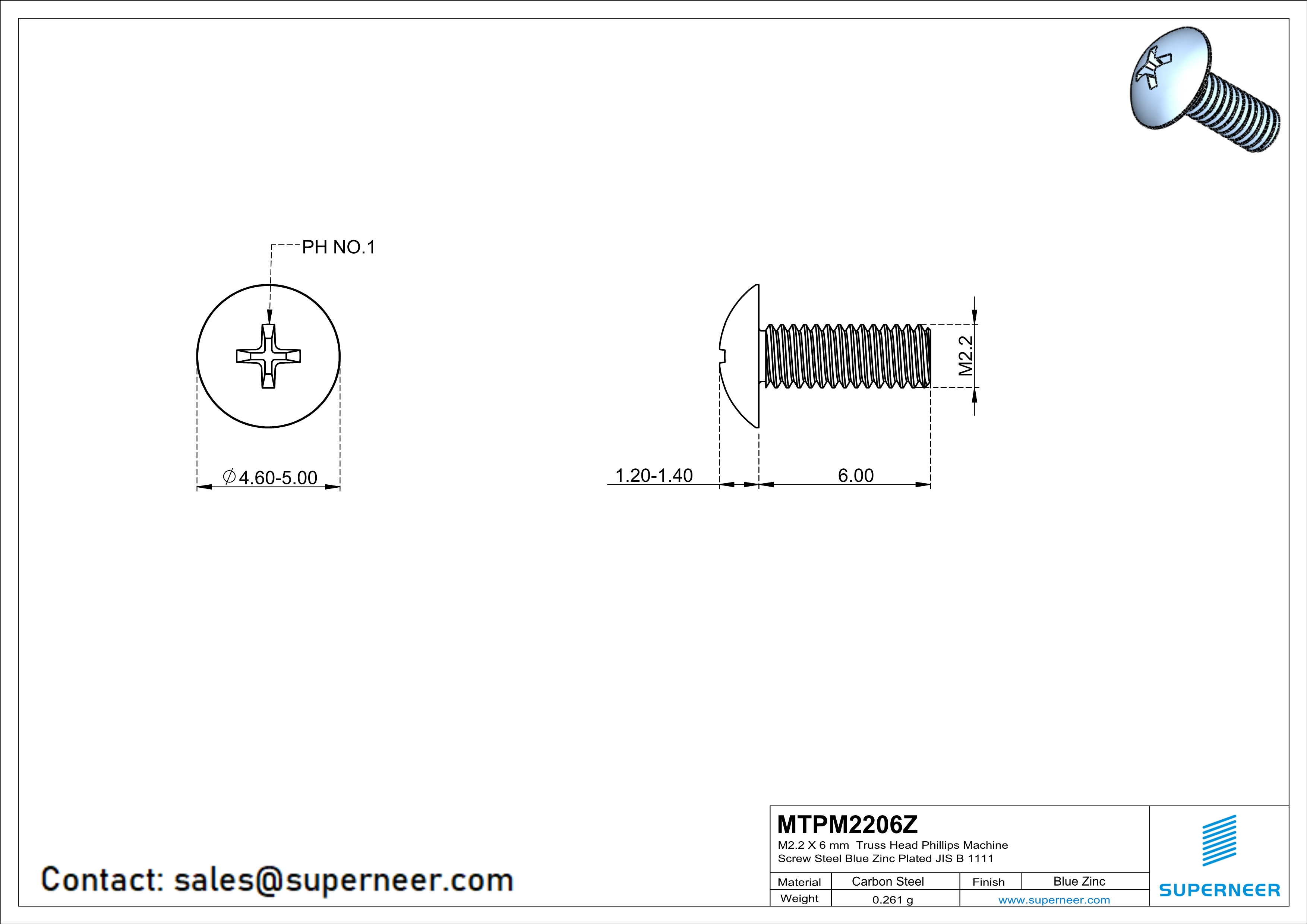 M2.2 x 6 mm Truss Head Phillips Machine Screw Steel Blue Zinc Plated JIS B 1111