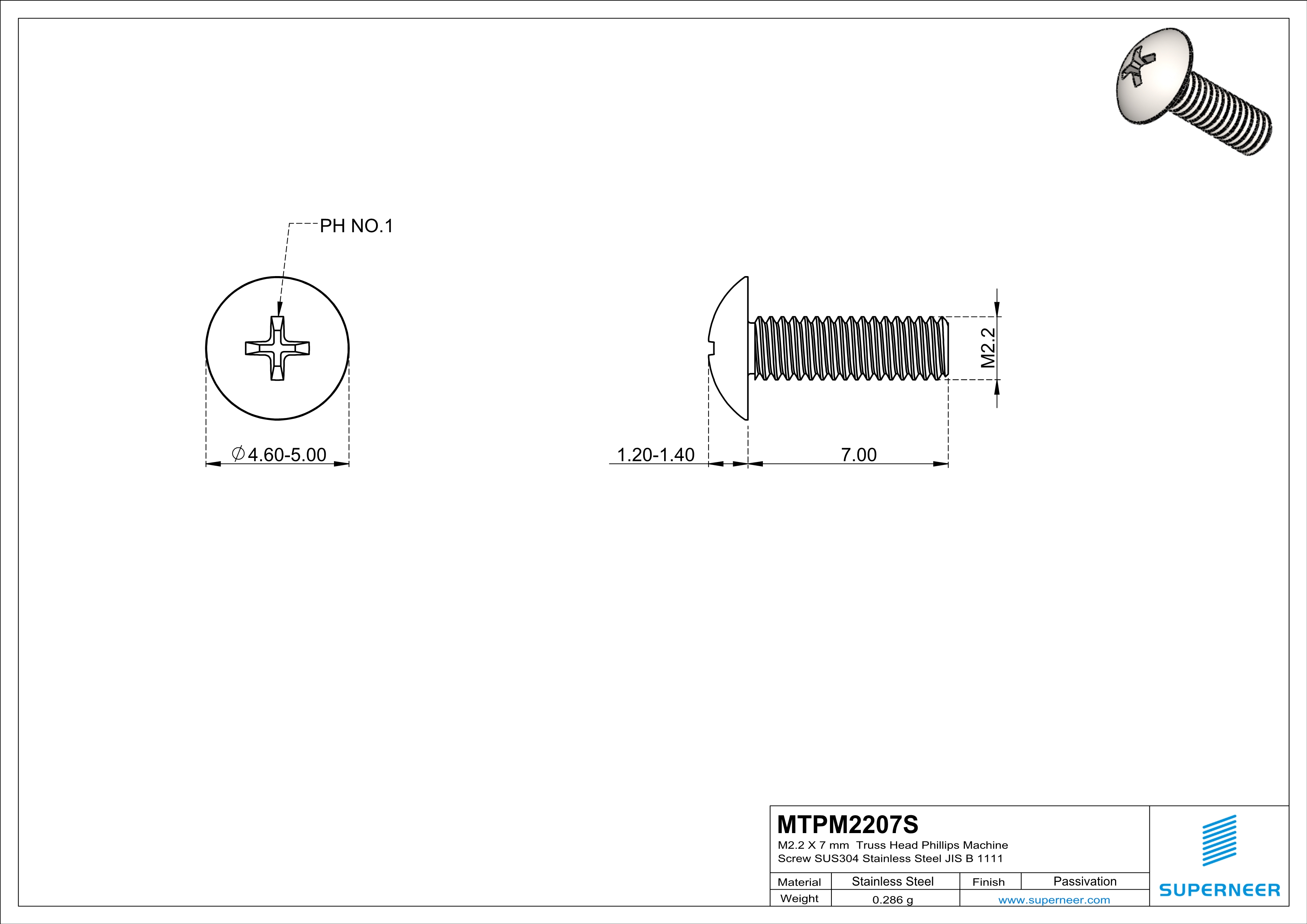 M2.2 x 7 mm  Truss Head Phillips Machine Screw SUS304 Stainless Steel Inox JIS B 1111