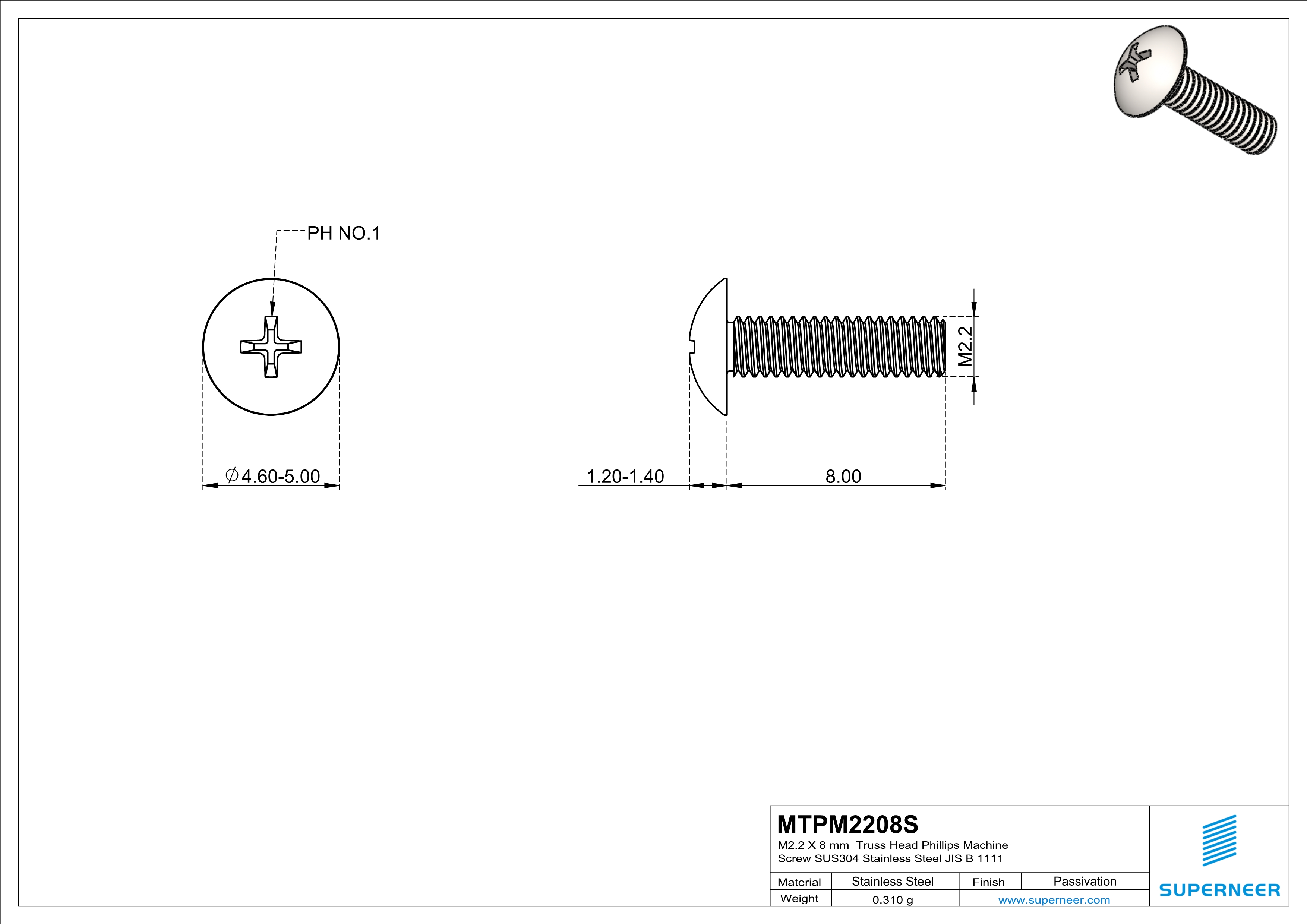 M2.2 x 8 mm  Truss Head Phillips Machine Screw SUS304 Stainless Steel Inox JIS B 1111