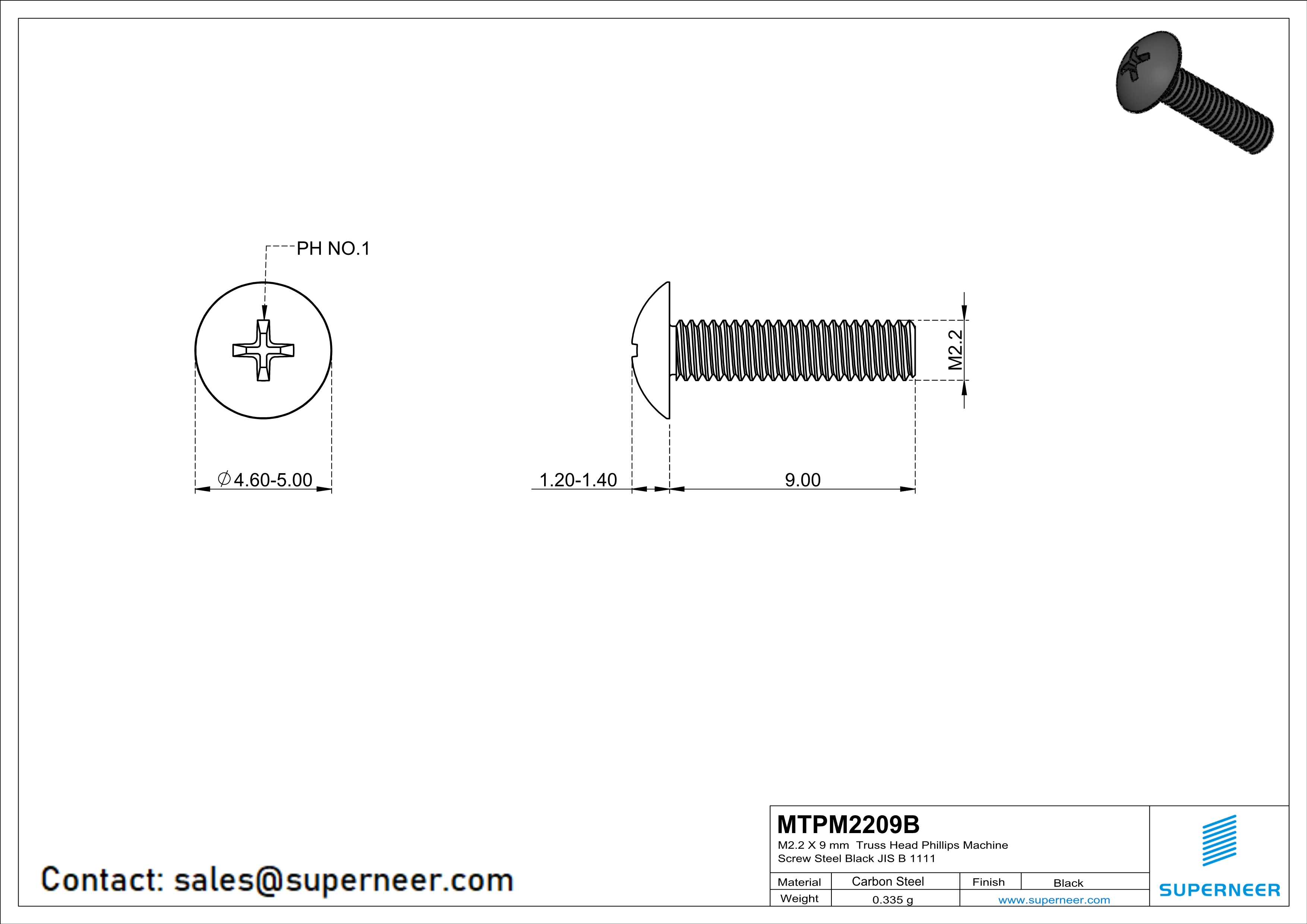 M2.2 x 9 mm Truss Head Phillips Machine Screw Steel Black JIS B 1111