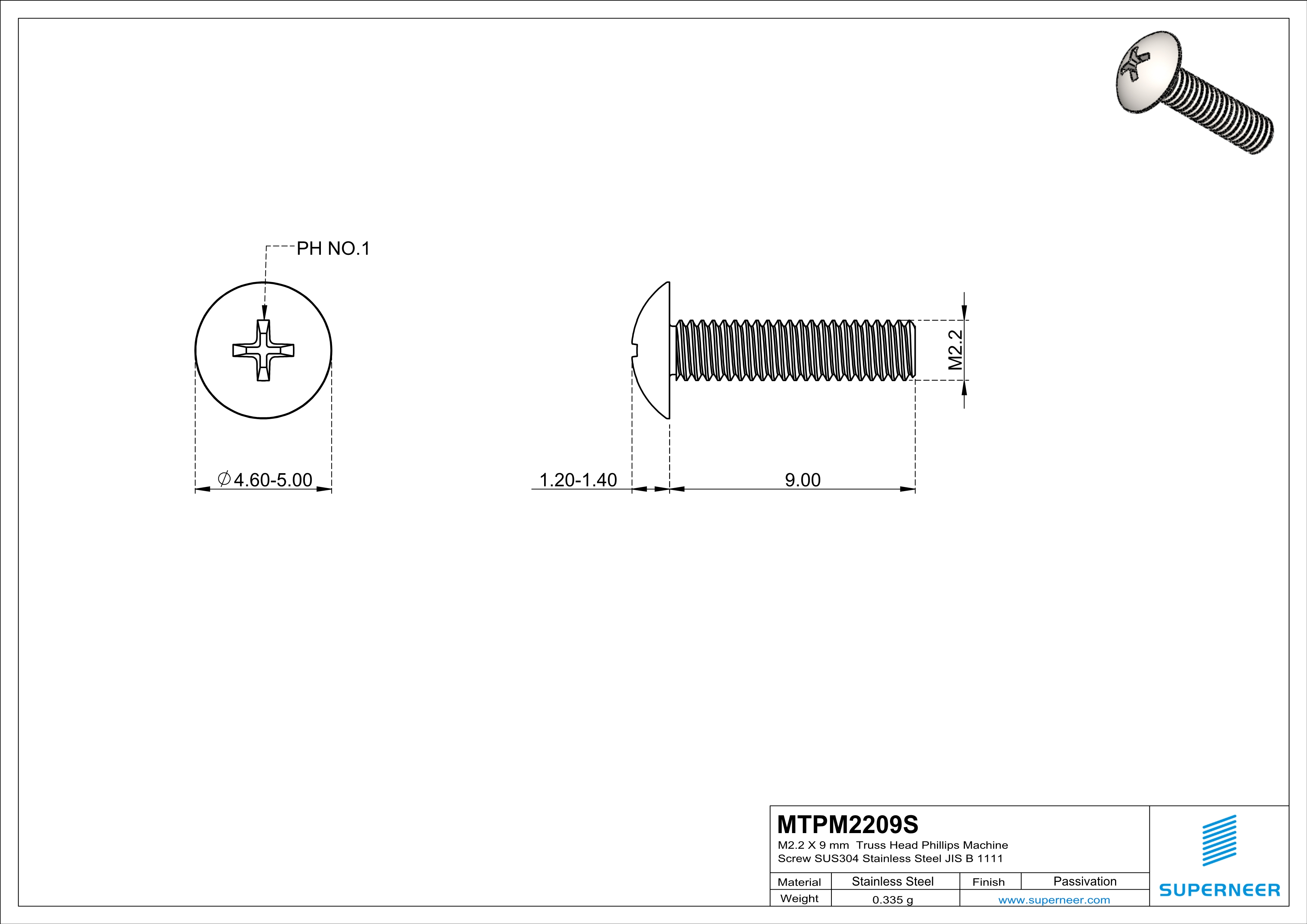 M2.2 x 9 mm  Truss Head Phillips Machine Screw SUS304 Stainless Steel Inox JIS B 1111