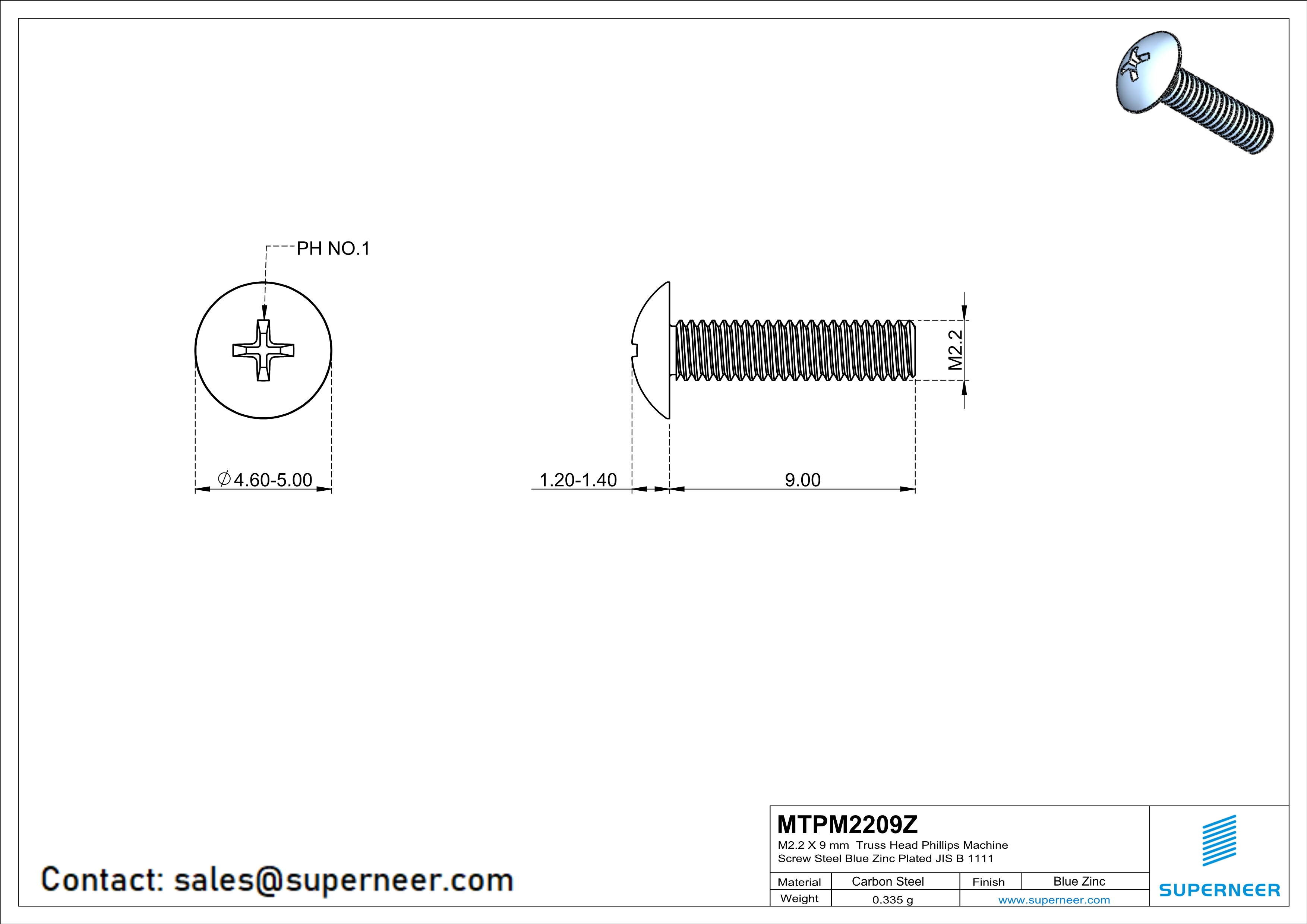 M2.2 x 9 mm Truss Head Phillips Machine Screw Steel Blue Zinc Plated JIS B 1111