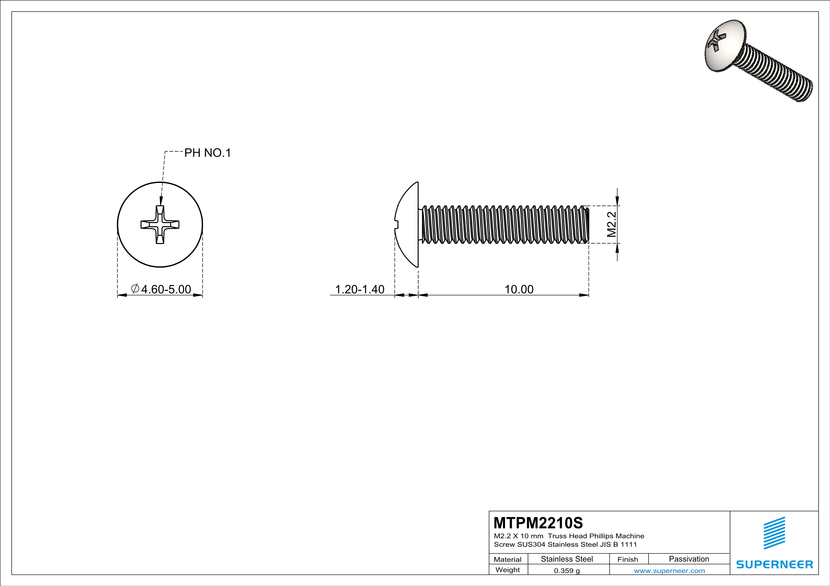 M2.2 x 10 mm  Truss Head Phillips Machine Screw SUS304 Stainless Steel Inox JIS B 1111