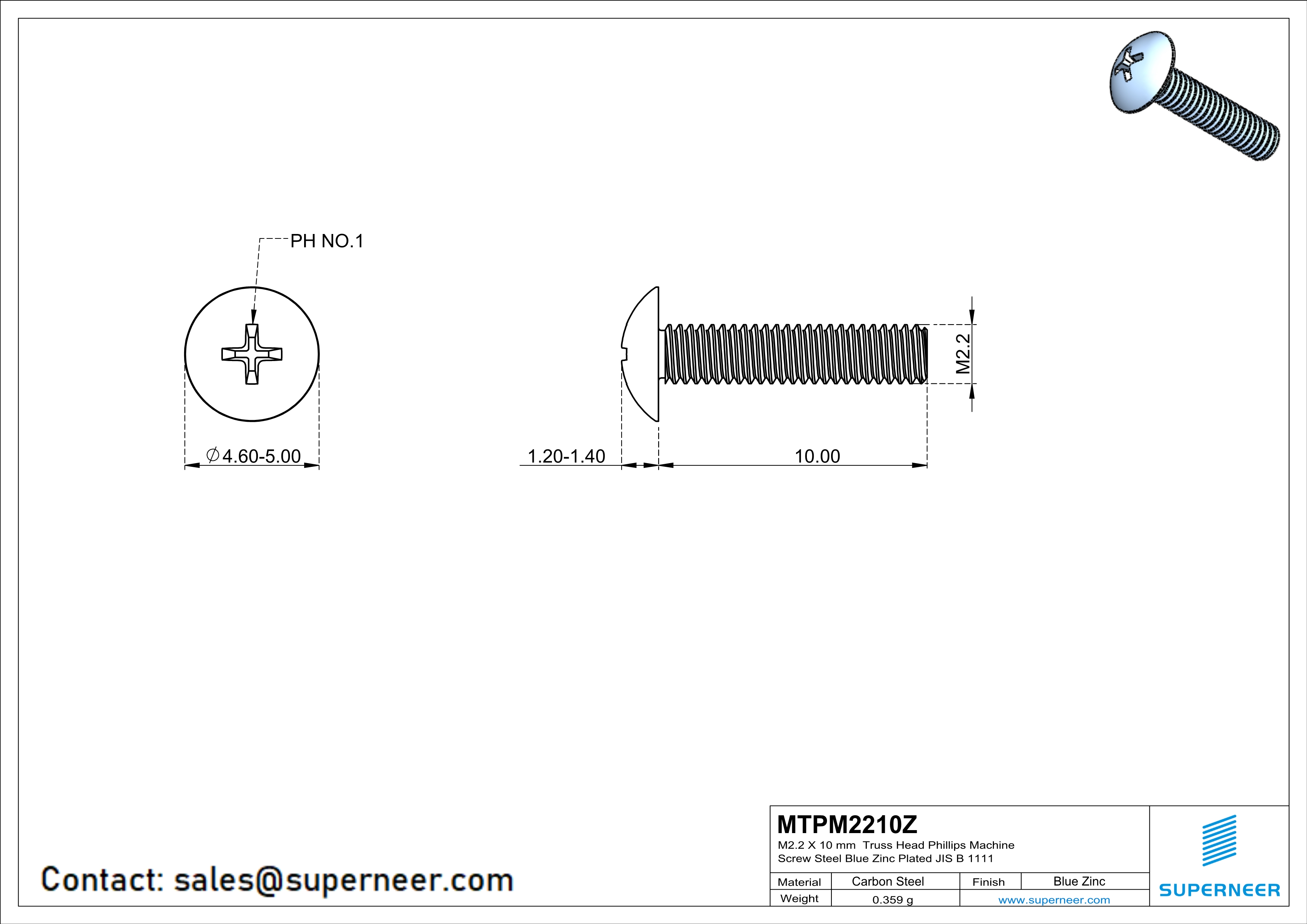 M2.2 x 10 mm Truss Head Phillips Machine Screw Steel Blue Zinc Plated JIS B 1111