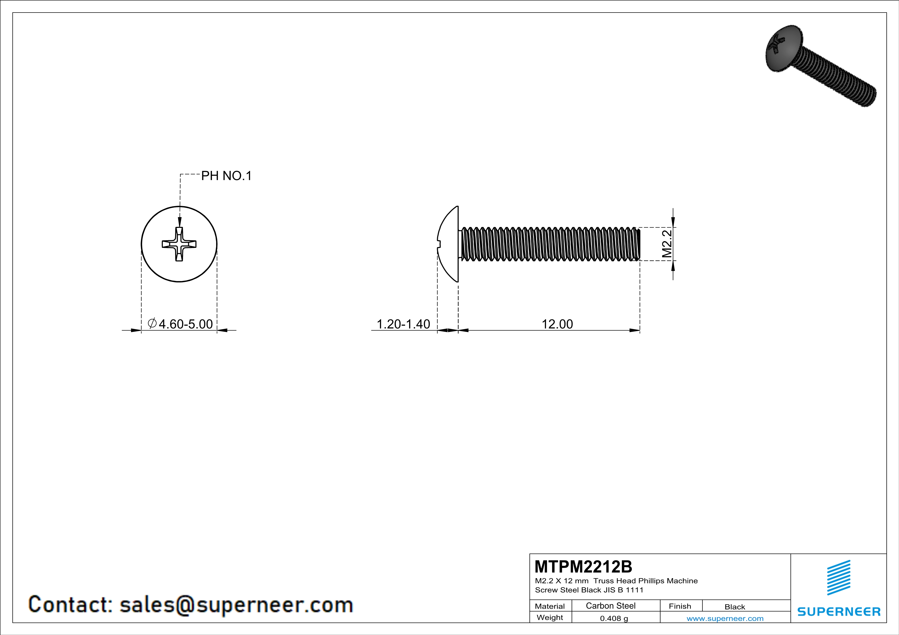 M2.2 x 12 mm Truss Head Phillips Machine Screw Steel Black JIS B 1111