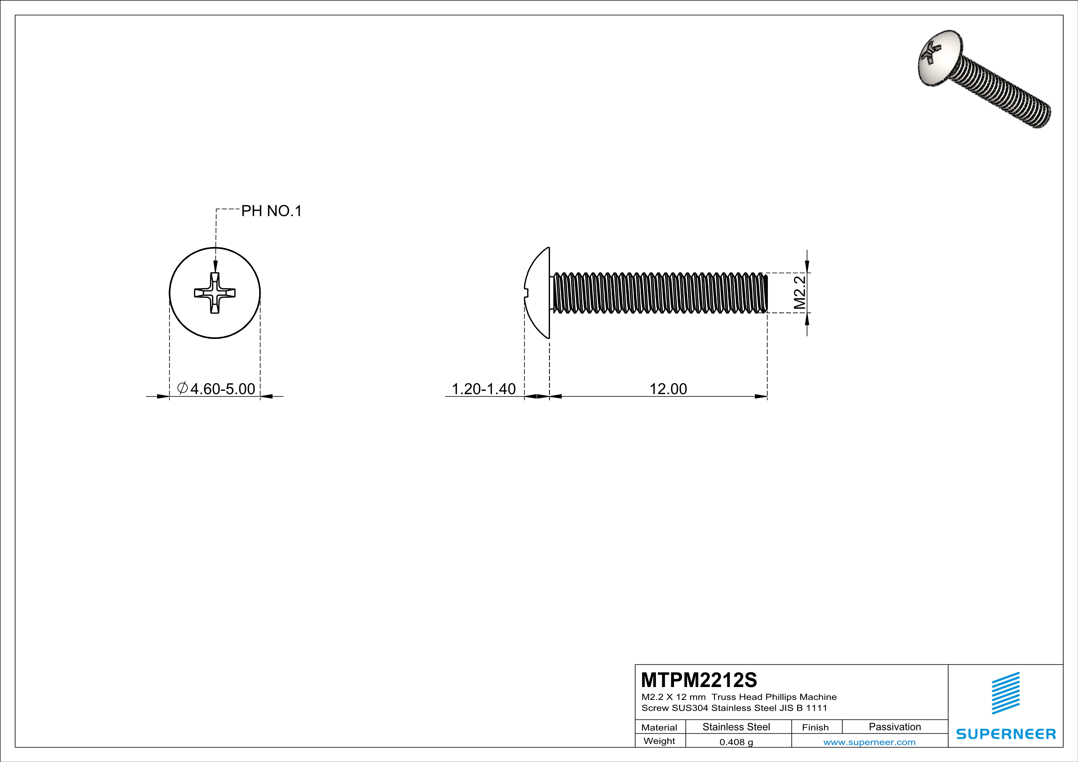 M2.2 x 12 mm  Truss Head Phillips Machine Screw SUS304 Stainless Steel Inox JIS B 1111