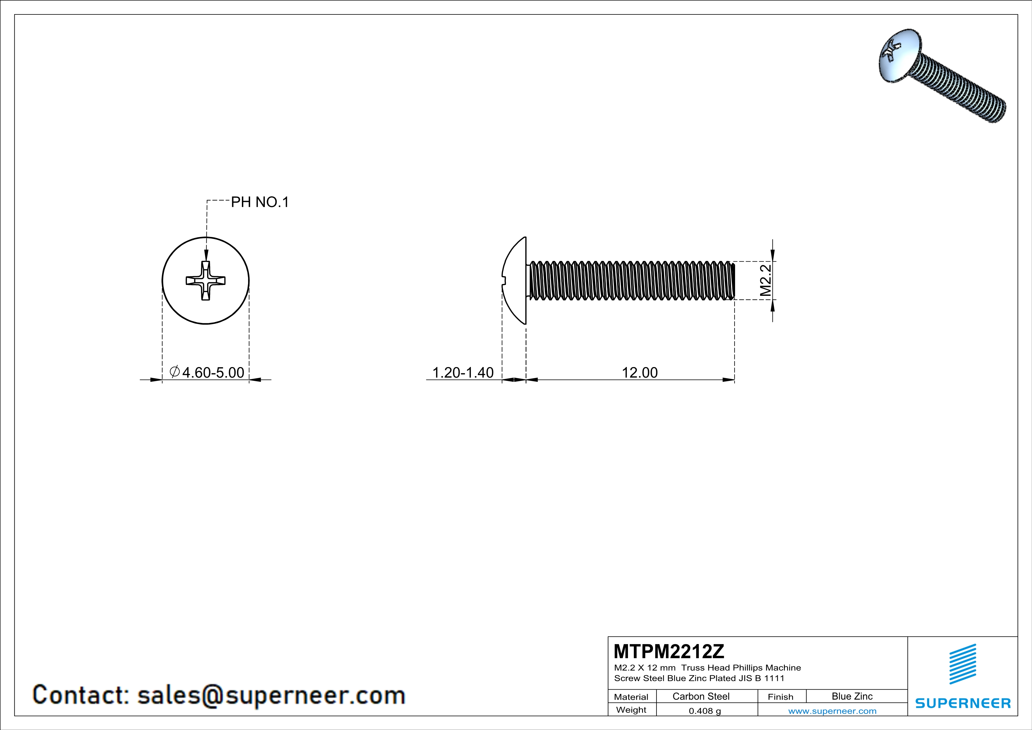 M2.2 x 12 mm Truss Head Phillips Machine Screw Steel Blue Zinc Plated JIS B 1111