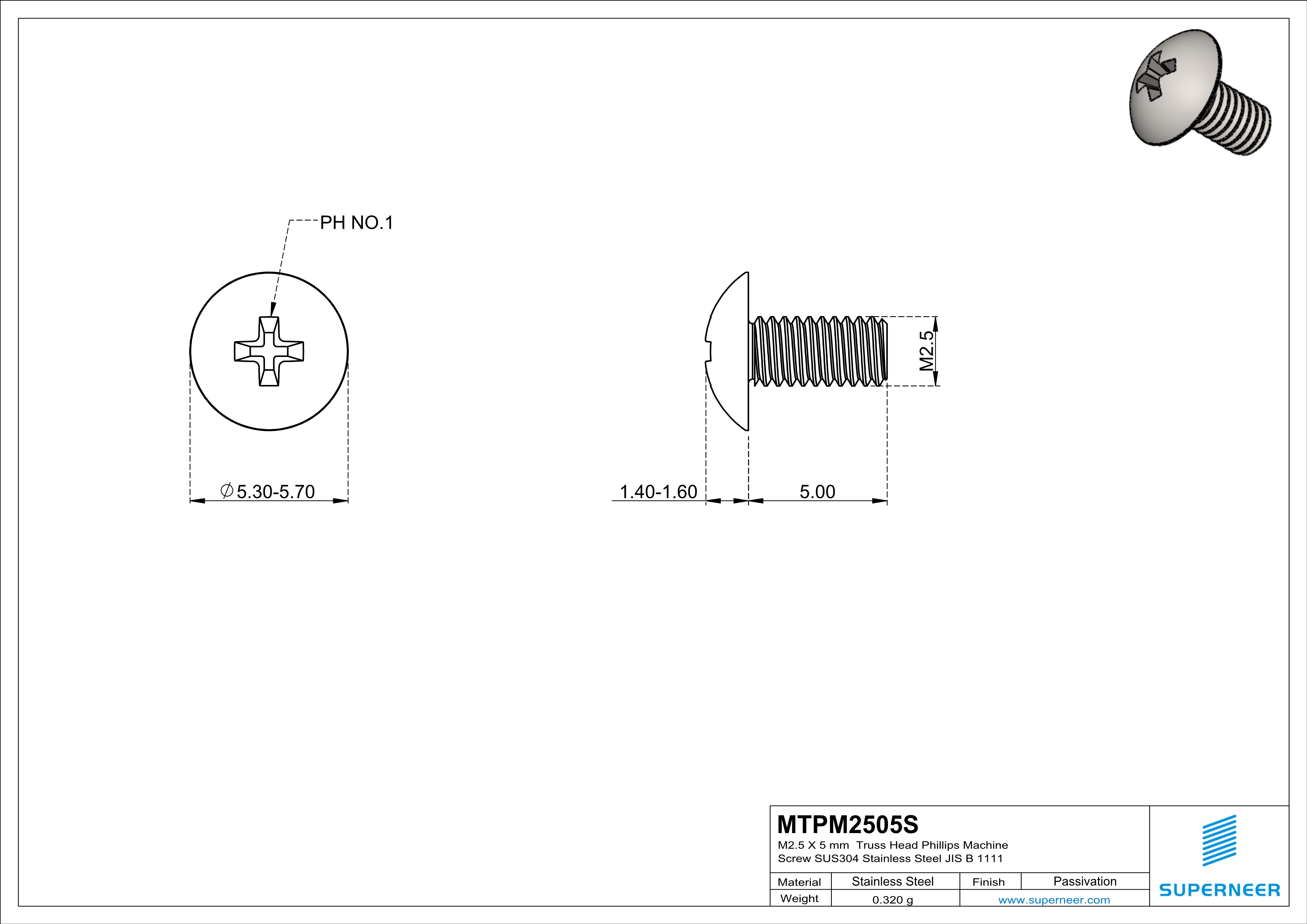 M2.5 x 5 mm  Truss Head Phillips Machine Screw SUS304 Stainless Steel Inox JIS B 1111