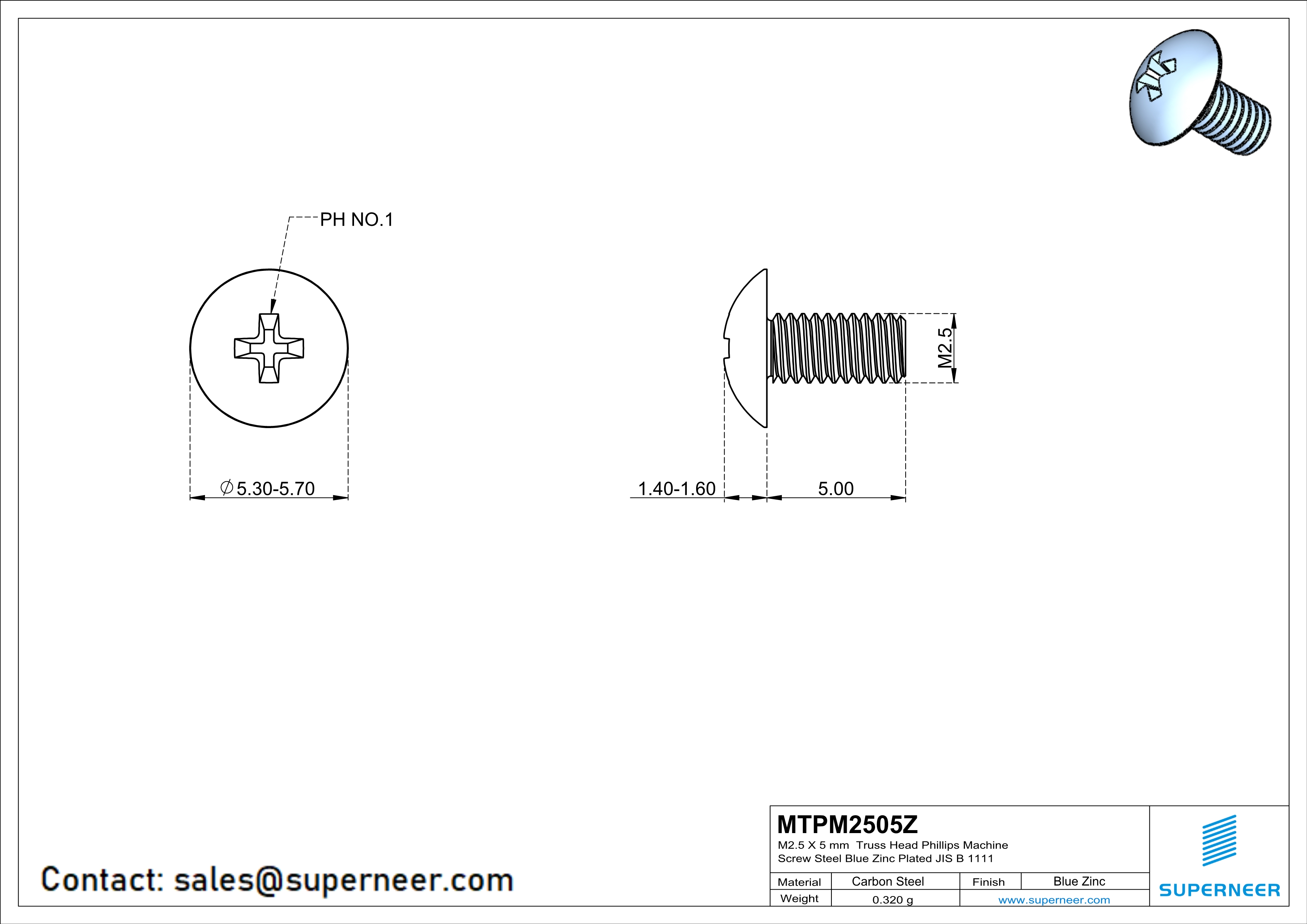 M2.5 x 5 mm Truss Head Phillips Machine Screw Steel Blue Zinc Plated JIS B 1111