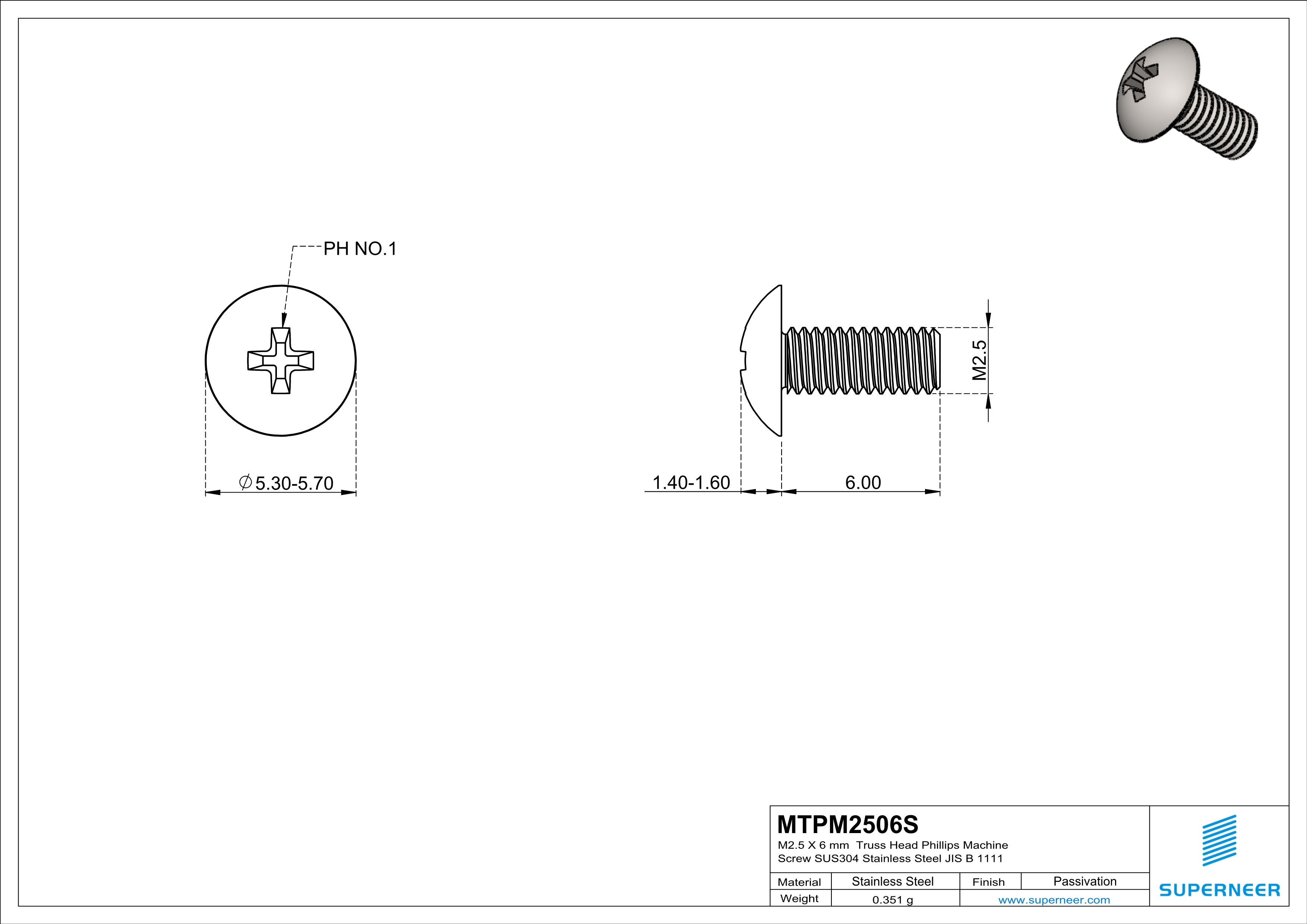 M2.5 x 6 mm  Truss Head Phillips Machine Screw SUS304 Stainless Steel Inox JIS B 1111