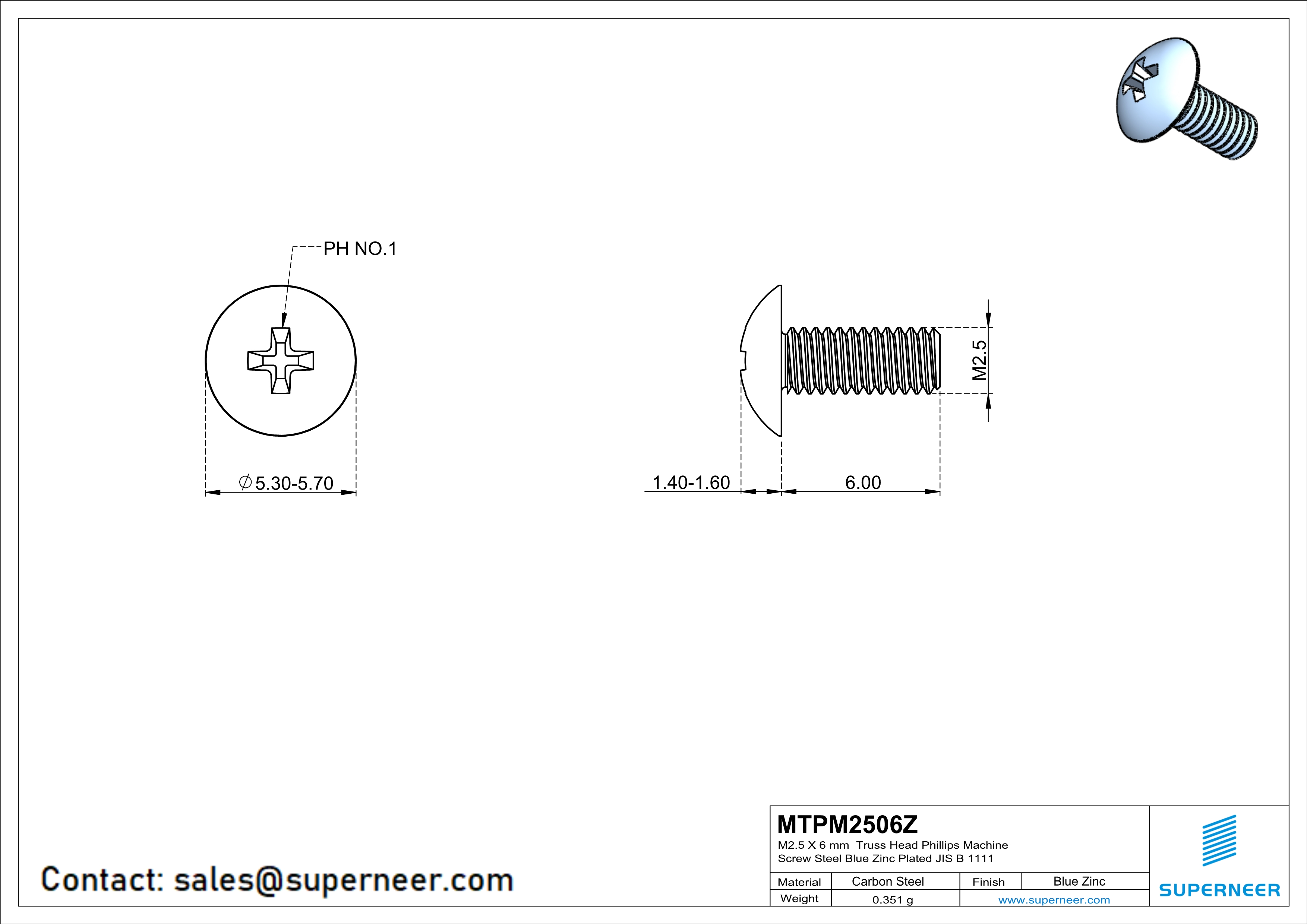 M2.5 x 6 mm Truss Head Phillips Machine Screw Steel Blue Zinc Plated JIS B 1111