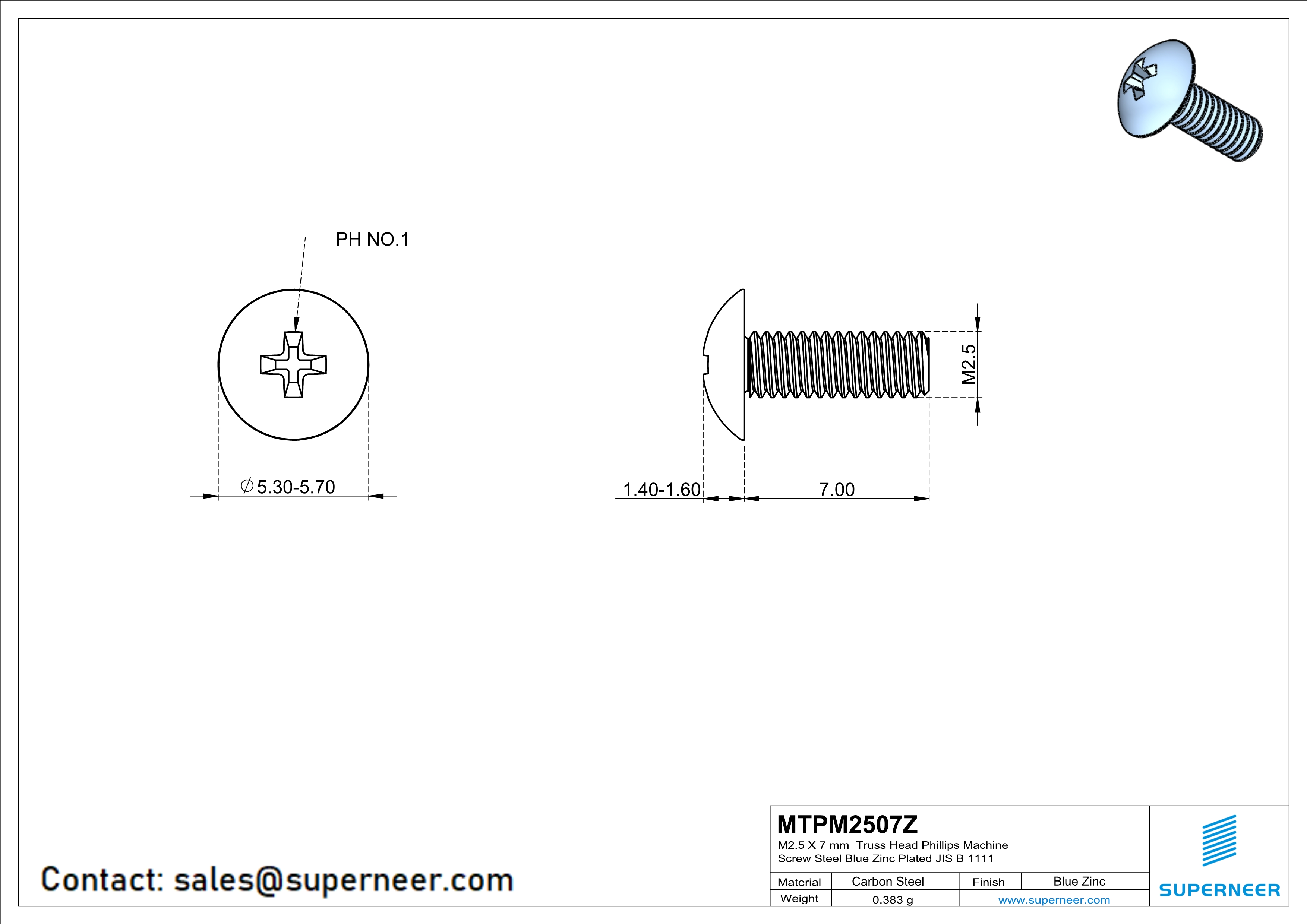 M2.5 x 7 mm Truss Head Phillips Machine Screw Steel Blue Zinc Plated JIS B 1111