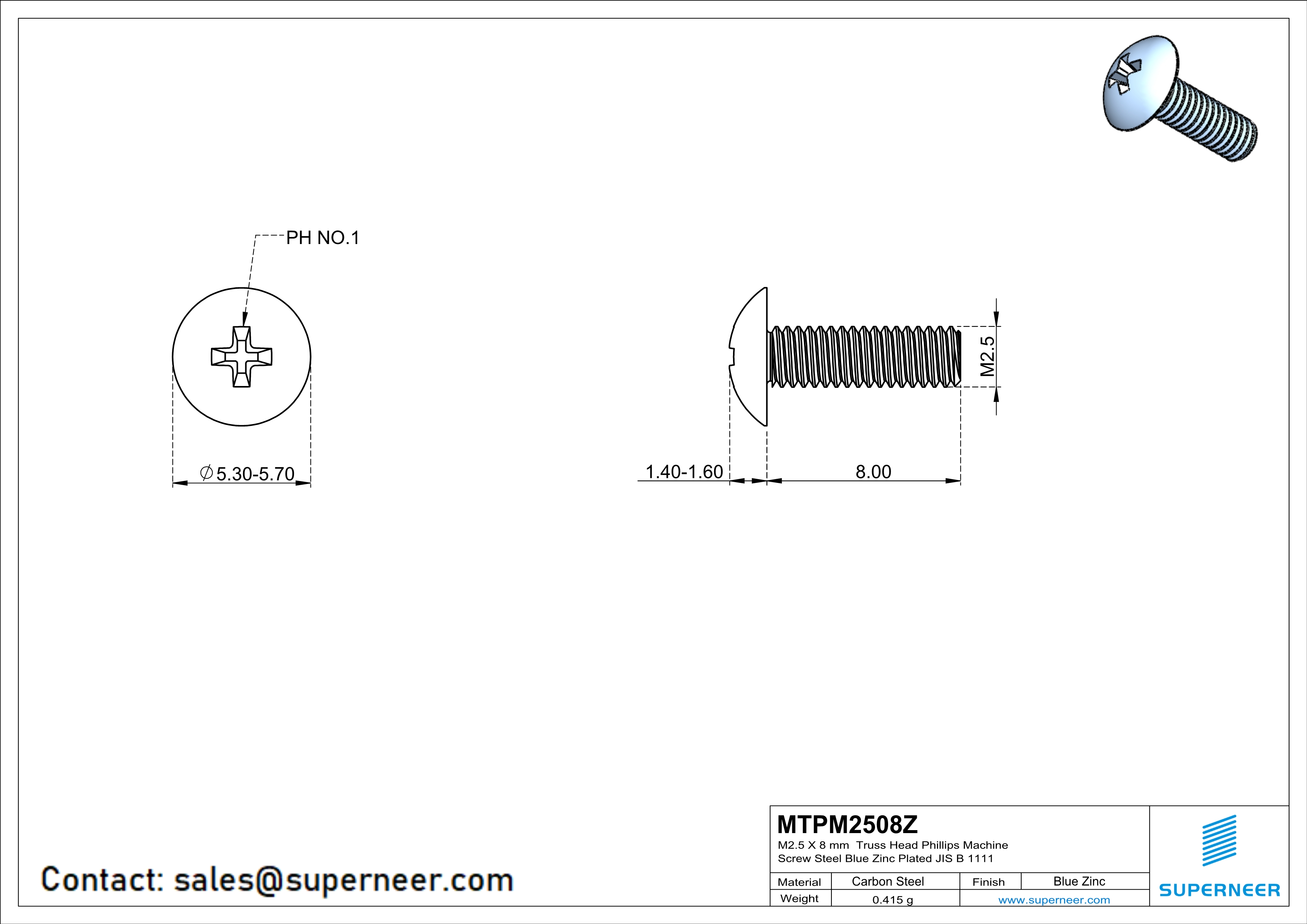 M2.5 x 8 mm Truss Head Phillips Machine Screw Steel Blue Zinc Plated JIS B 1111