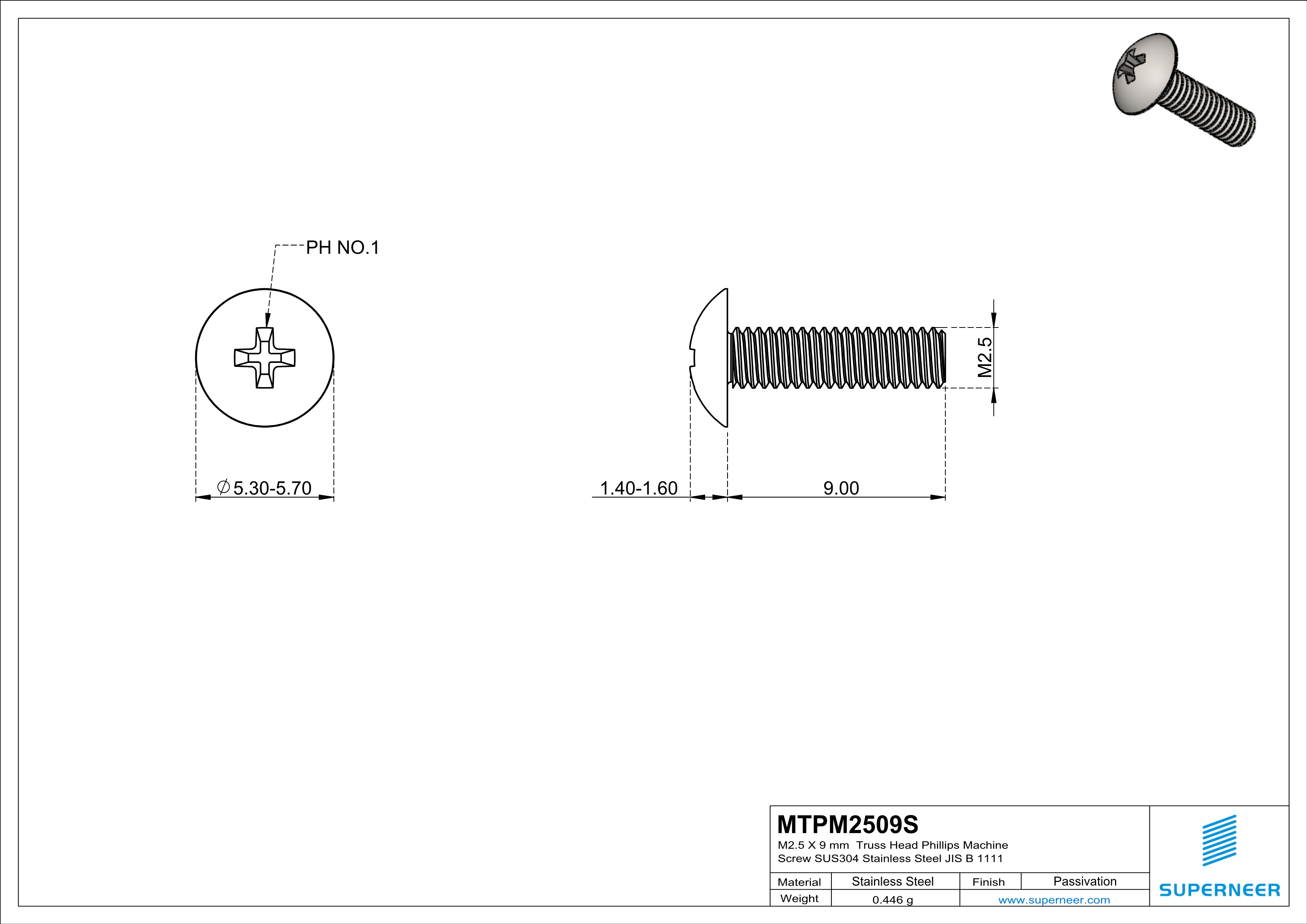 M2.5 x 9 mm  Truss Head Phillips Machine Screw SUS304 Stainless Steel Inox JIS B 1111