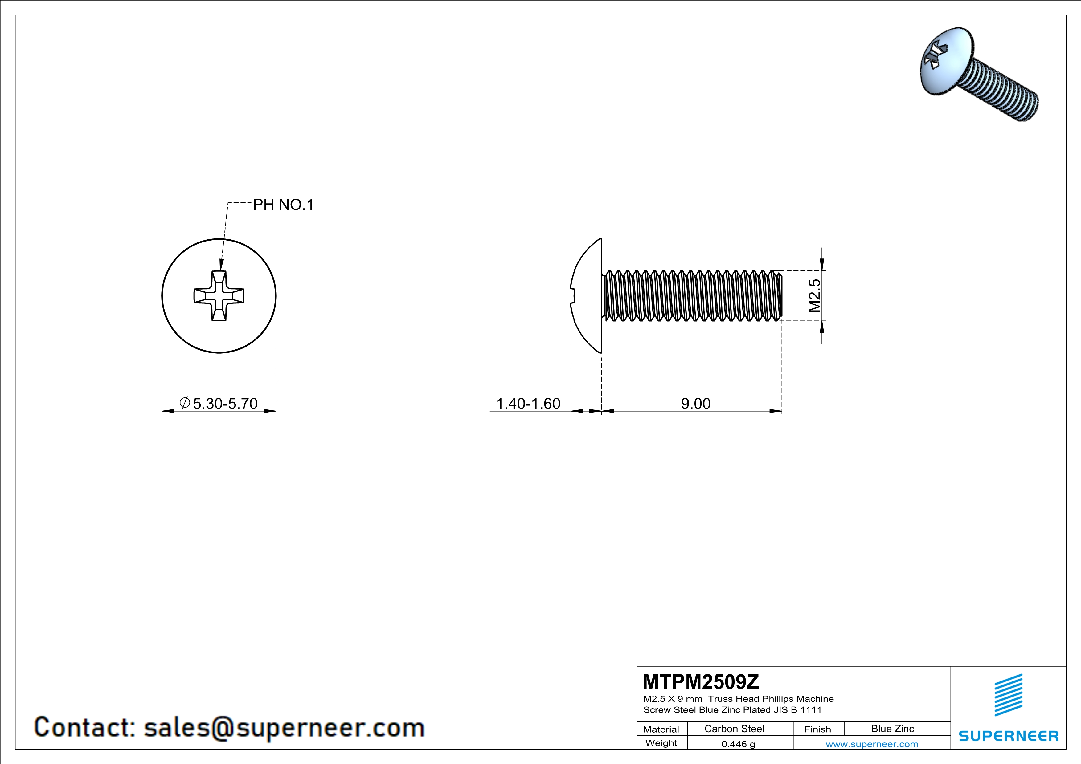 M2.5 x 9 mm Truss Head Phillips Machine Screw Steel Blue Zinc Plated JIS B 1111